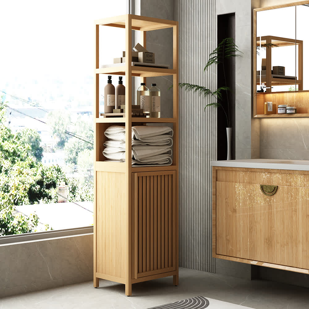 JUJABU Natural 16.54 in Freestanding Linen Tower Cabinet with Shutter Door and 3 Tier Shelves for Kitchen