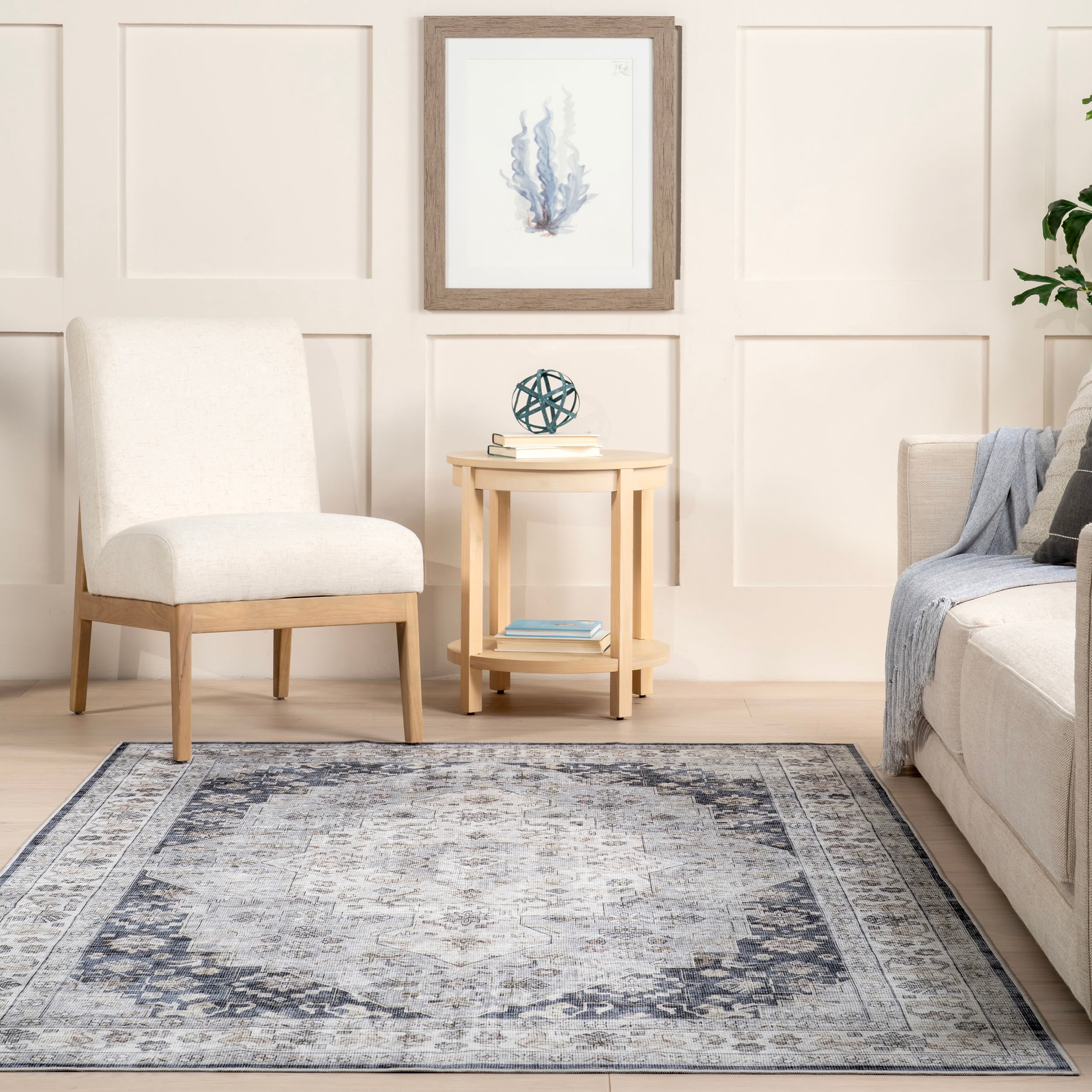 Casey Blue and Gray Synthetic Round Oriental Area Rug, 9' x 12'