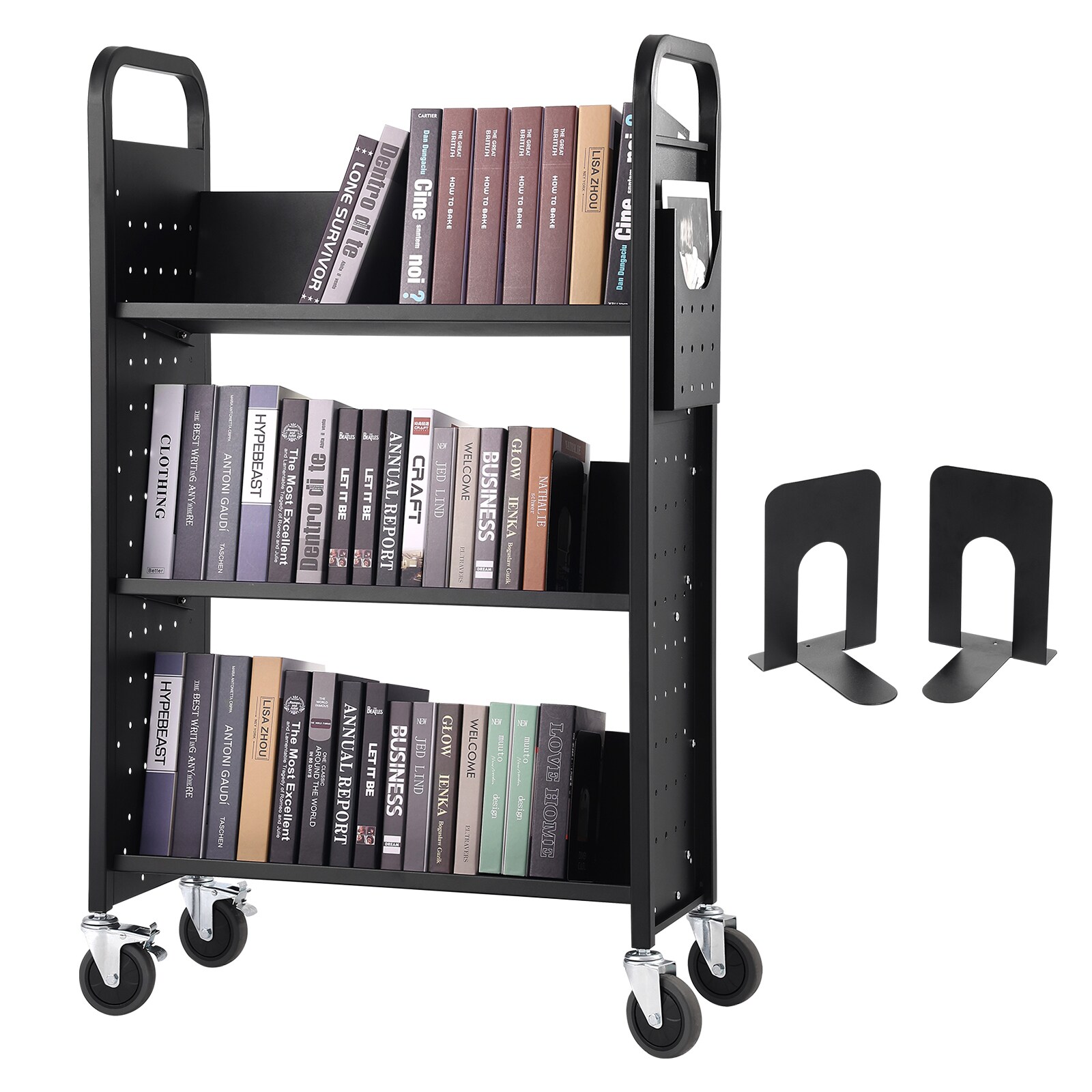 VEVOR SCVXTSGTCHS304177V0 Book Cart  330 lbs Library Cart  31.1 in x 15.2 in x 49.2 in Rolling Book Cart  Single Sided V-Shaped Sloped Shelves with 4-Inch Lockable Wheels for Home Shelves Office and School  Book Truck in Black