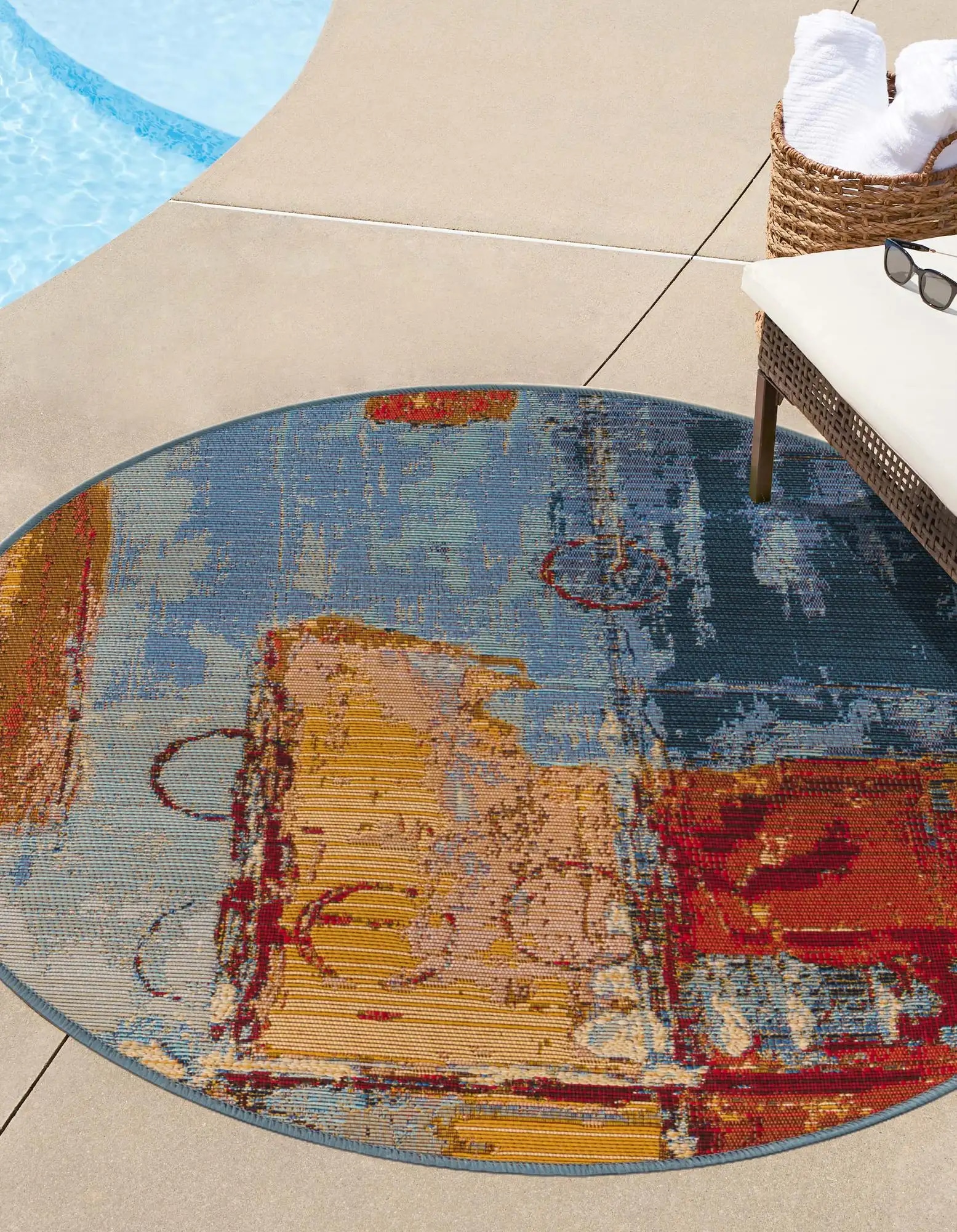 Unique Loom 3138462 Baja Outdoor 8 x 8 (ft) Loomed Polypropylene Multi/Blue Round Indoor/Outdoor Geometric Bohemian/Eclectic Area rug