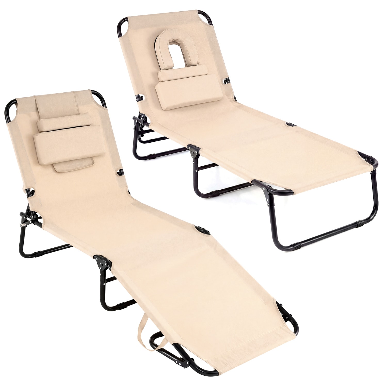 Slickblue - Oxford Cloth Folding Face Down Tanning Chair Set of 2 Beach Lounge Chair with Face Ho...