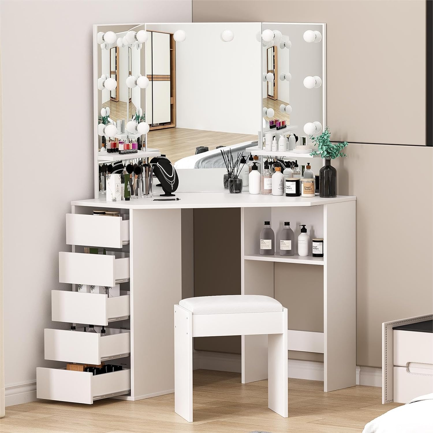 Qeetex SUN-VAM-1EN2SKE5 Corner Vanity Desk with Lighted Tri Fold Mirror Adjustable LED Lights 5 Drawers Storage