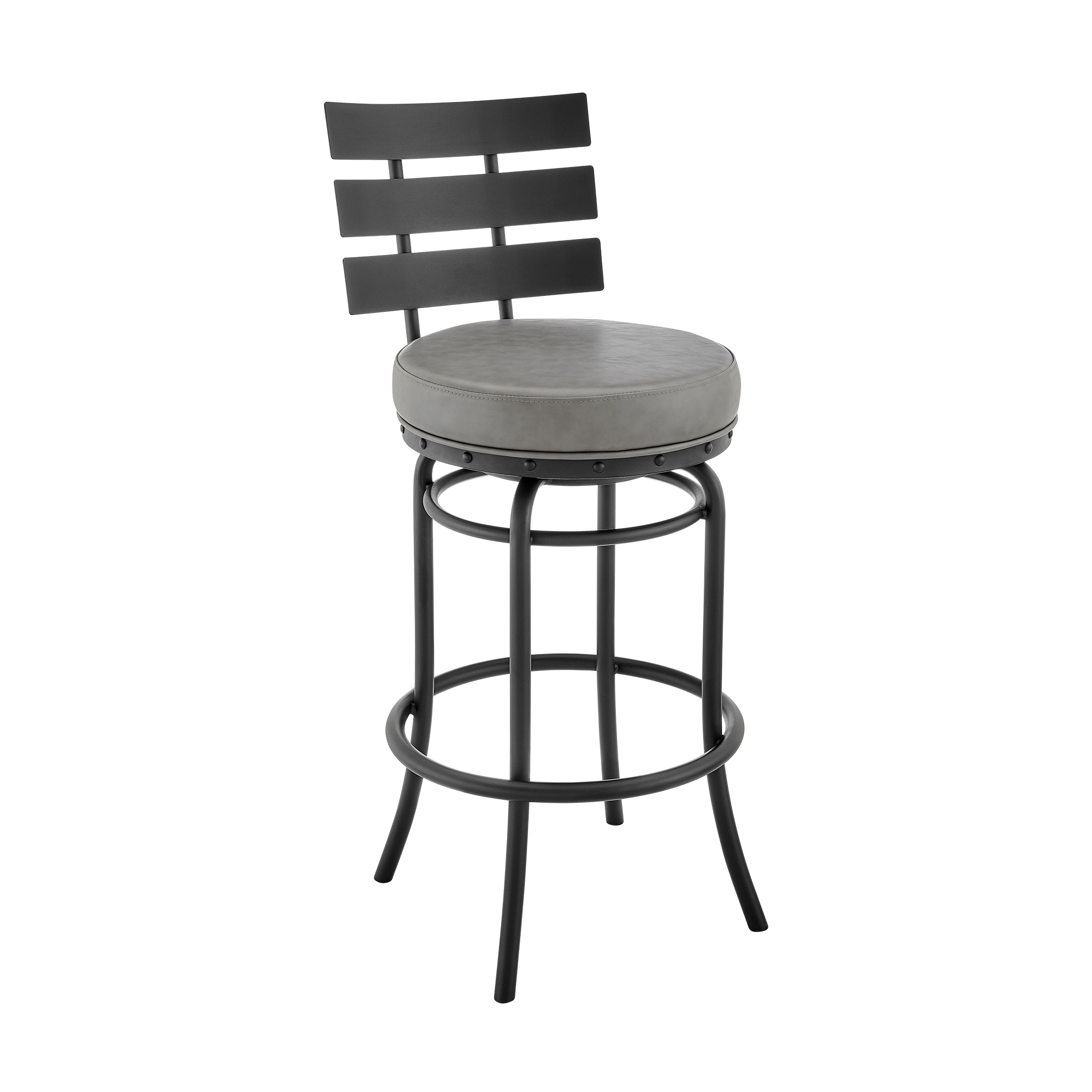 Armen Living 840254333642 Black 30.0-in H Bar height Bucket seat Upholstered Swivel Metal Bar Stool and Back