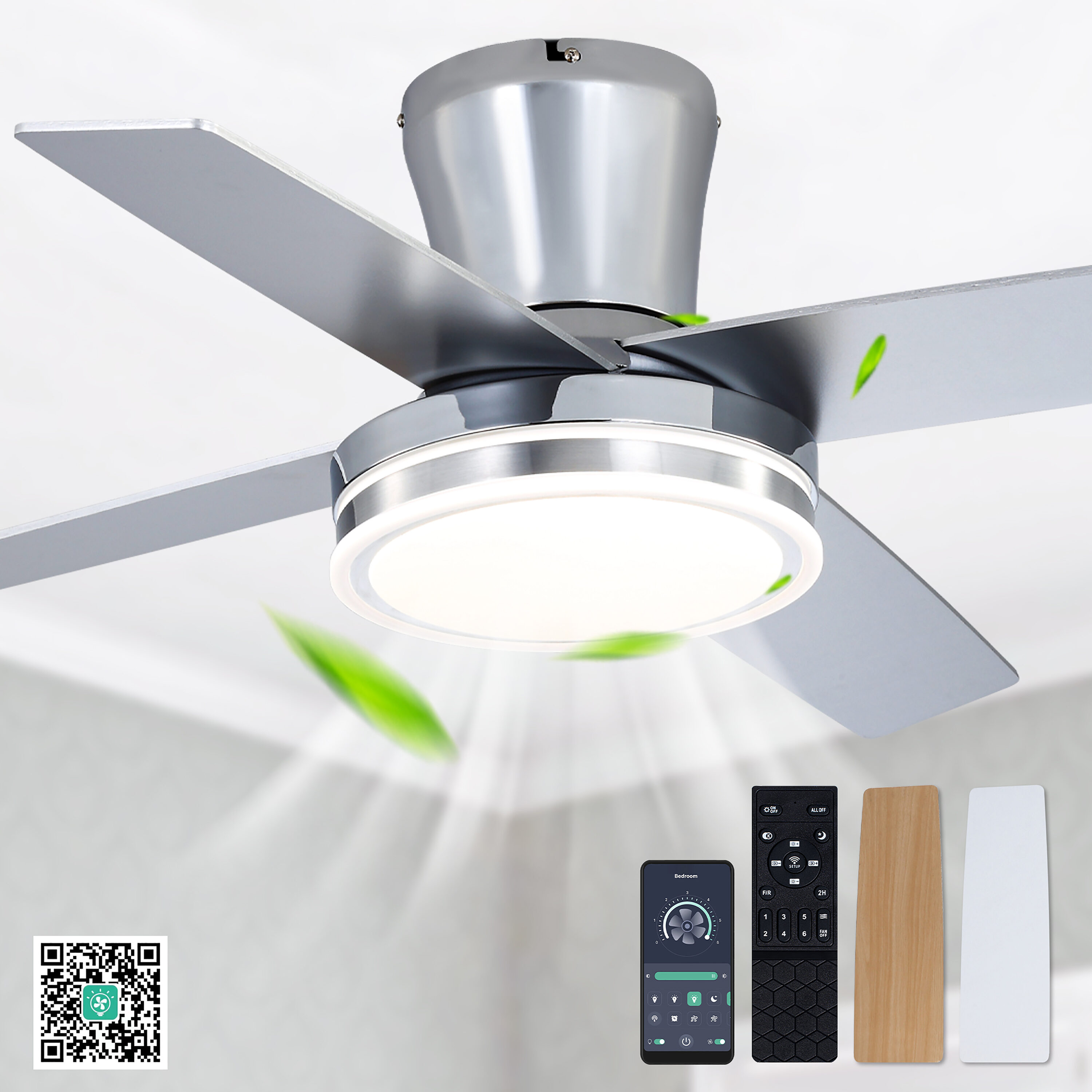 Cusp Barn CS44P01C Catorne 44-in Color-Changing Integrated LED Flush Mount Smart Silver with Silver/Wood Grain Blades Chandelier Ceiling Fan With Light 4 -Blade )