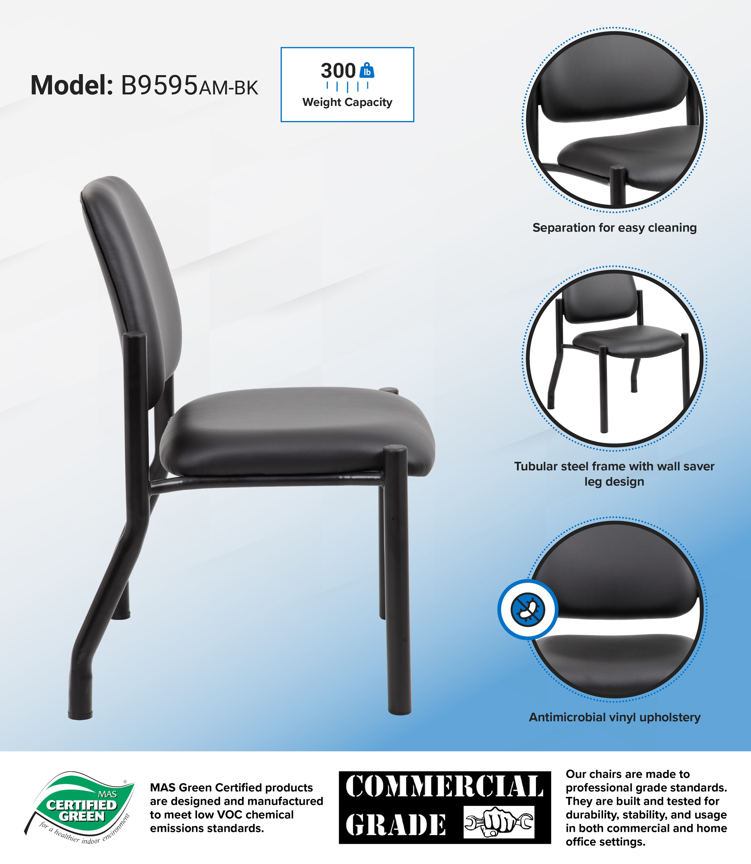 Sleek Mid-Back Armless Guest Chair in Antimicrobial Black Vinyl