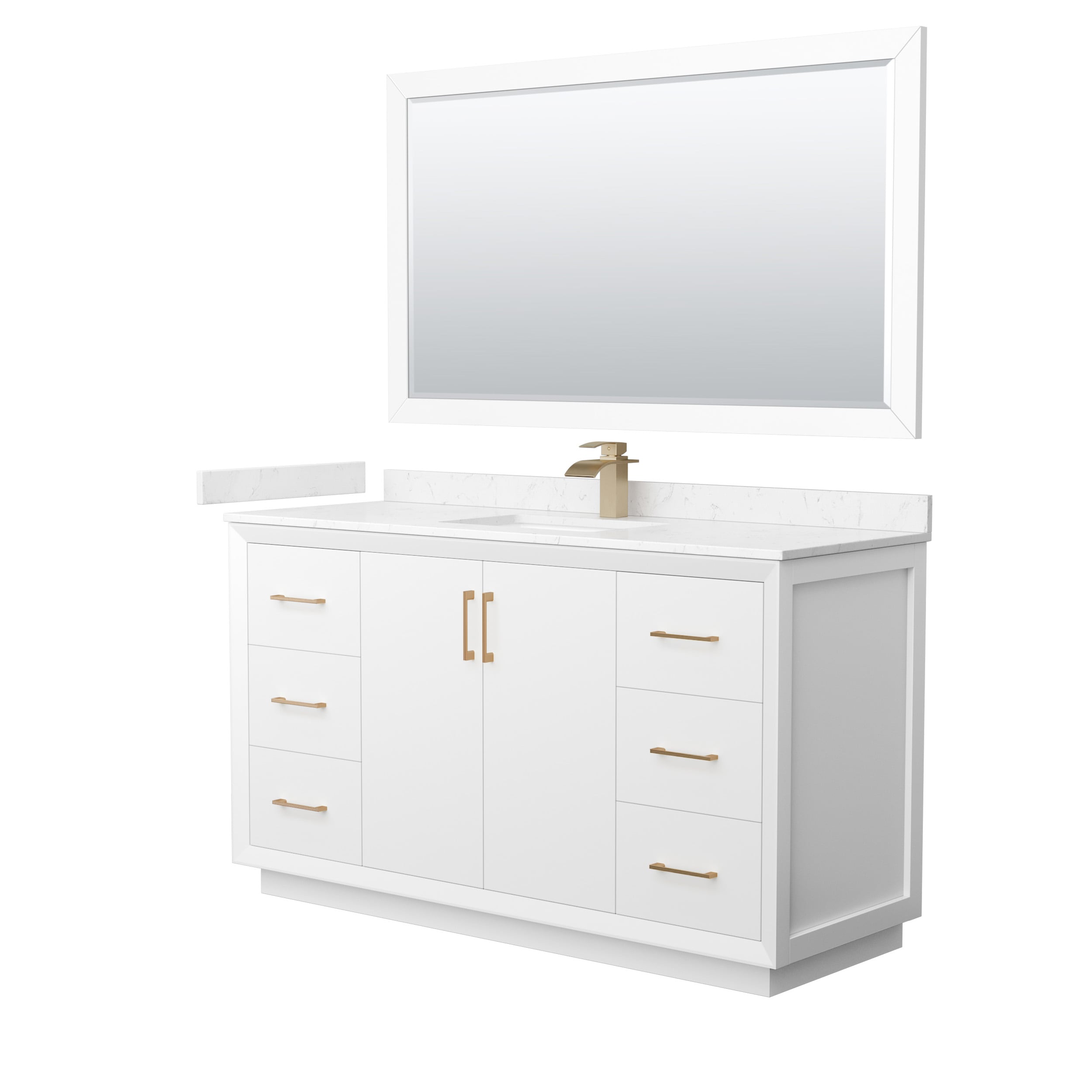 Wyndham Collection WCF414160SWZC2UNSM58 Strada 60-in White with Satin Bronze Trim Undermount Single sink Bathroom Vanity with Carrara cultured marble Cultured marble Top (Mirror Included)