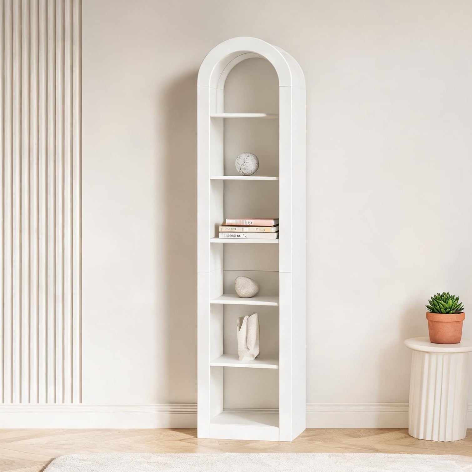 SUNCREAT Arched Open Display Shelf for Living Room in Soft White Engineered Wood with 6 Tiers 74.86 Inches Tall
