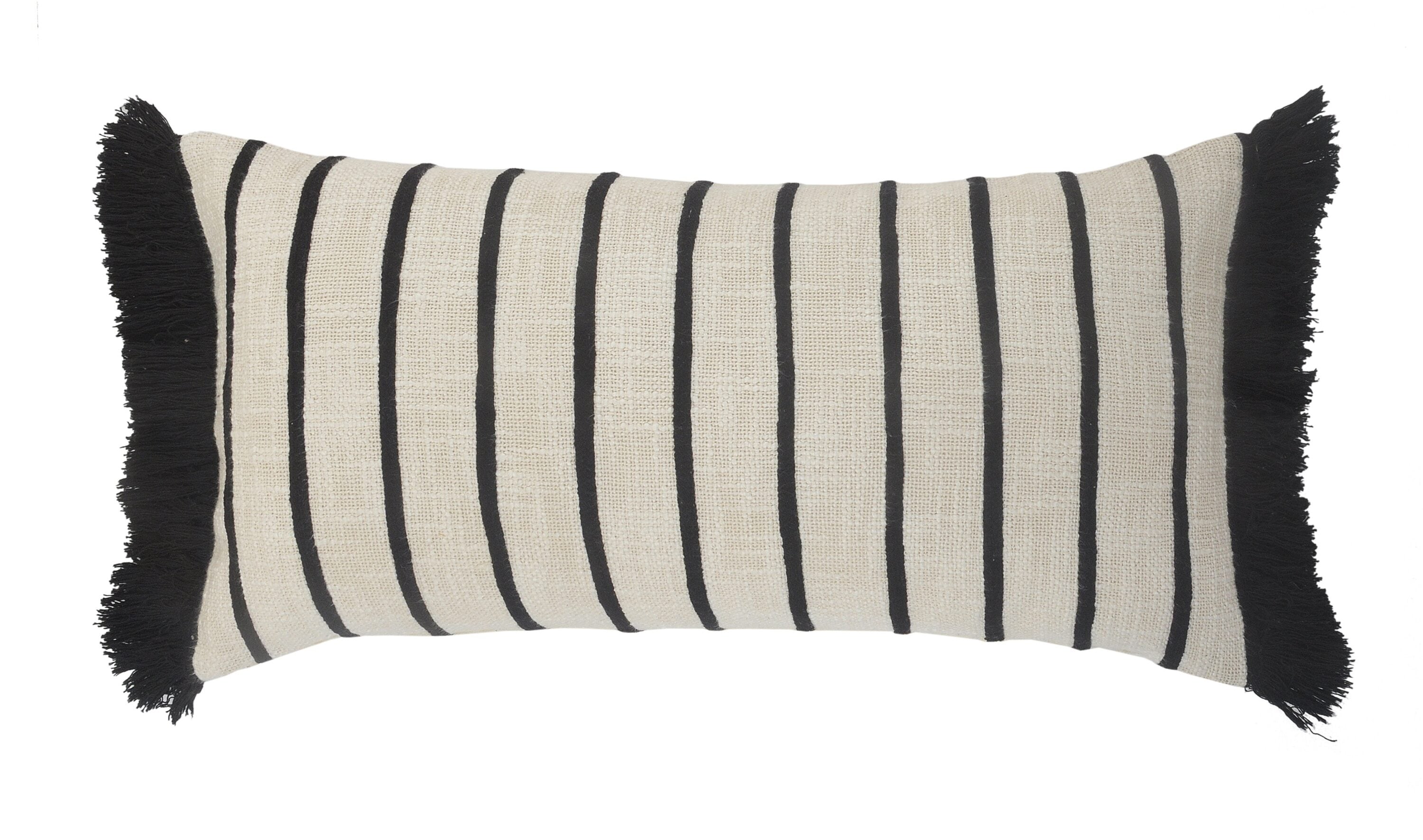Ivory and Black Striped Cotton Fringe Throw Pillow 28" x 12"
