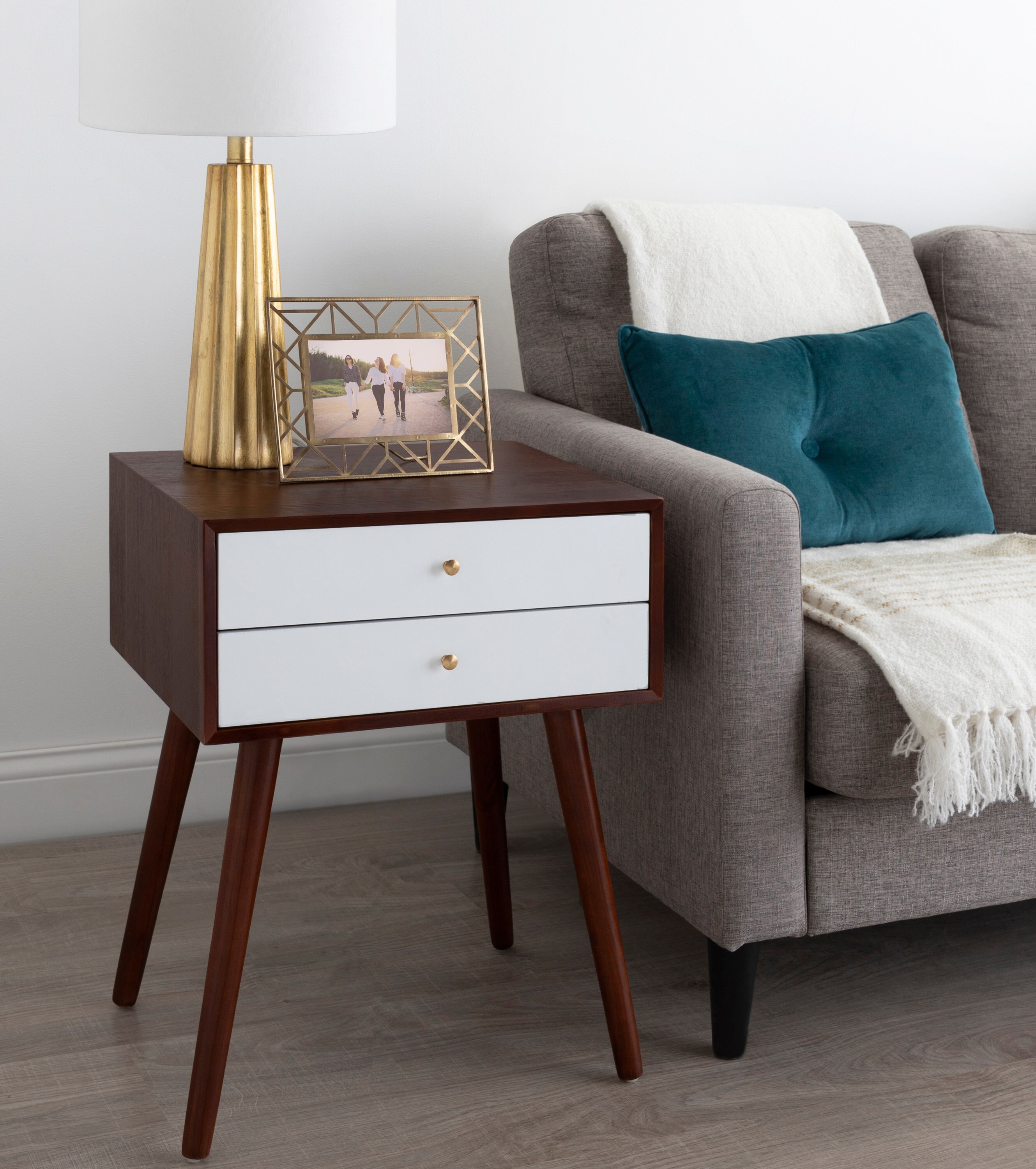 Midcentury Modern Walnut Brown and White Side Table with Storage