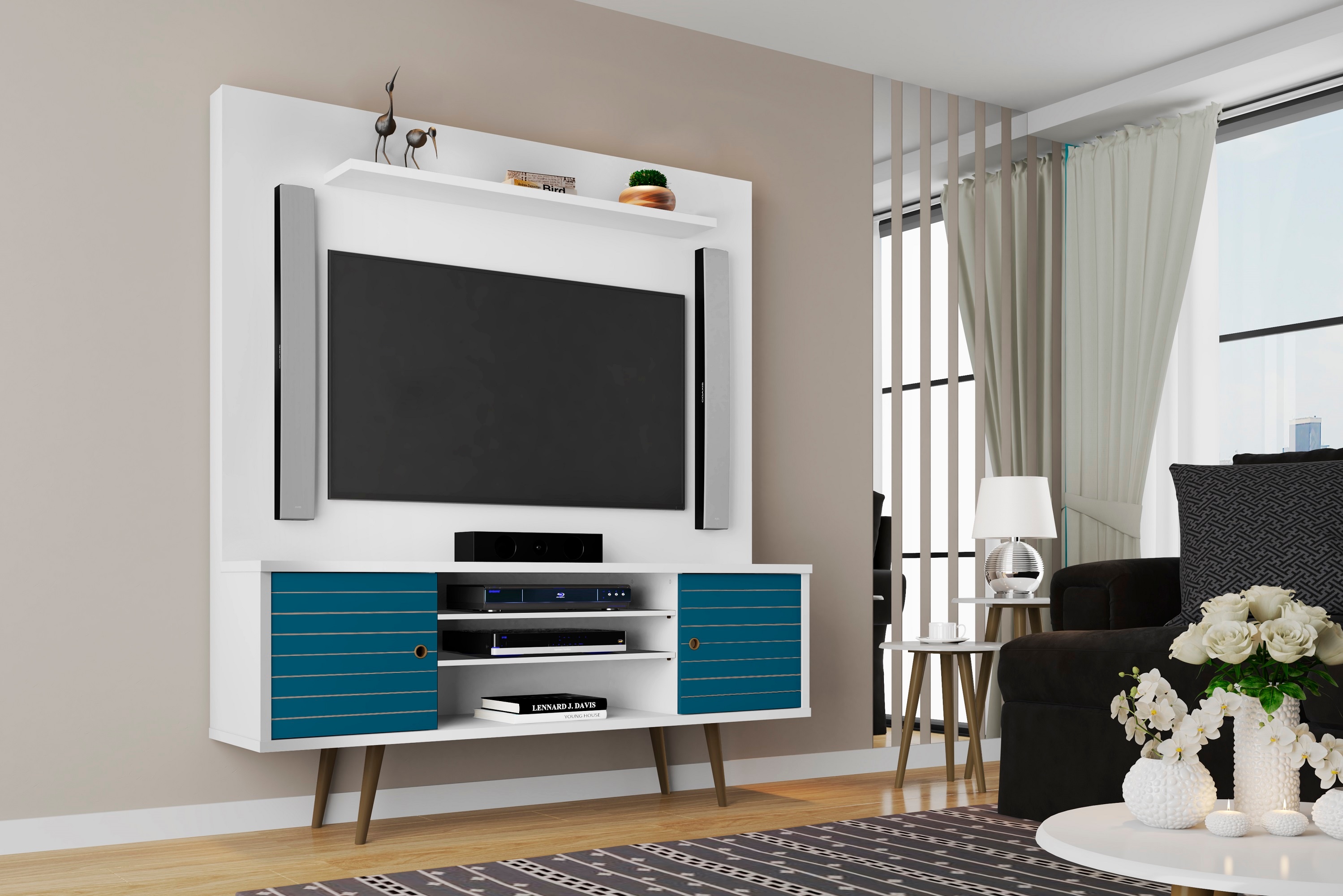 Manhattan Comfort 213BMC63 Liberty Modern/Contemporary White and Aqua Blue TV stand Integrated TV Mount ( Accommodates TVs up to 60-in )
