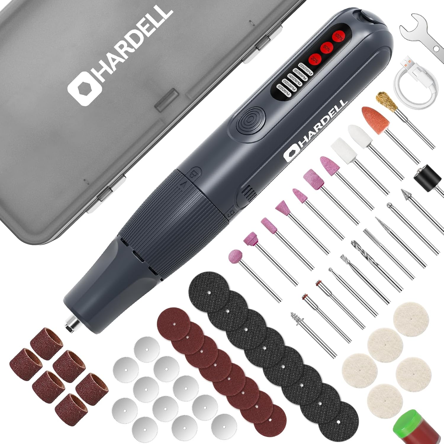 HARDELL B0DZHMJ15V 8V Cordless Rotary Tool Kit with Digital Display 5 Speed Auto Lock Chuck 61pc Accessories for Drilling Engraving Pet Grooming DIY Crafts