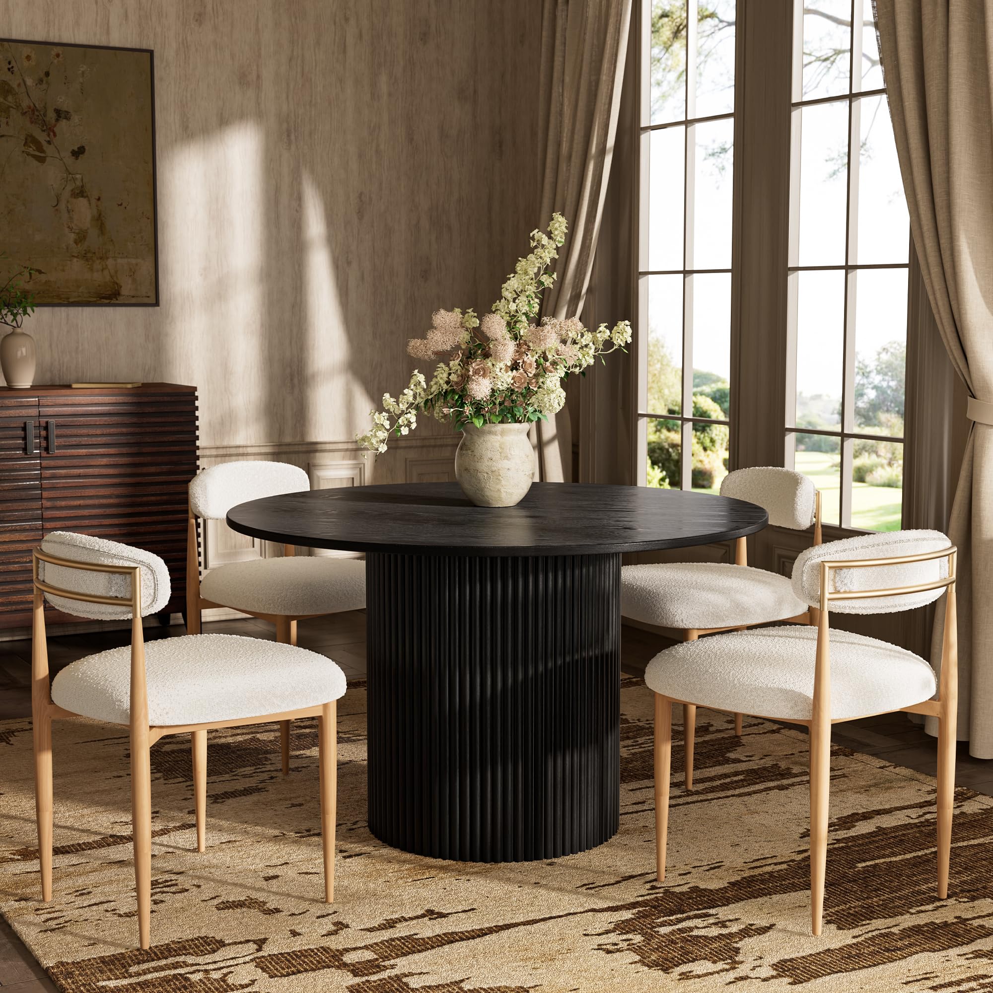 FARATI - Black Round Contemporary/Modern Wood Dining Table, with Black Finish and Wood Pedestal B...