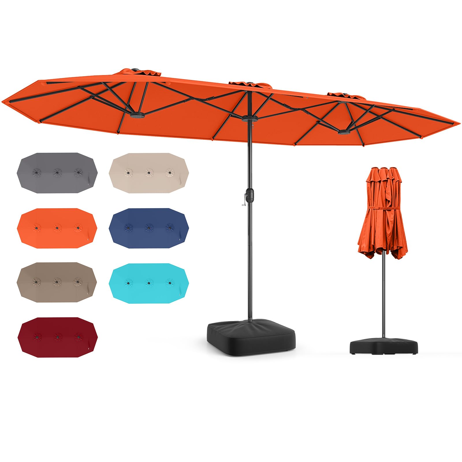 Volenca - 13-ft Outdoor Double-Sided Twin Patio Table Umbrella with 12 Metal Ribs and Safety Lock