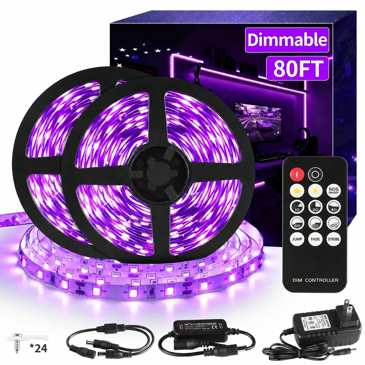 Oyezvary  80ft Black Light Strip with Remote Control 1440 LEDs Adjustable Brightness Three Light Modes Flexible Indoor Party Stage Lighting