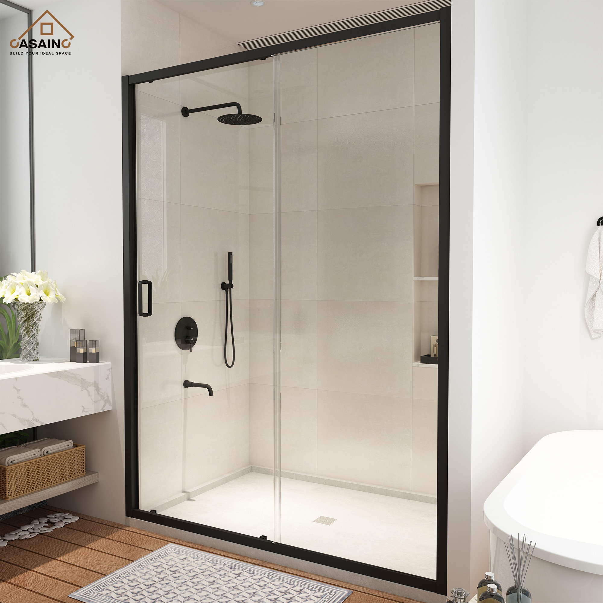 CASAINC SL-TL-D-T134 Matte Black 46-in to 48-in W x 72-in H Framed Sliding Shower door 1/4-in Thick Clear Glass