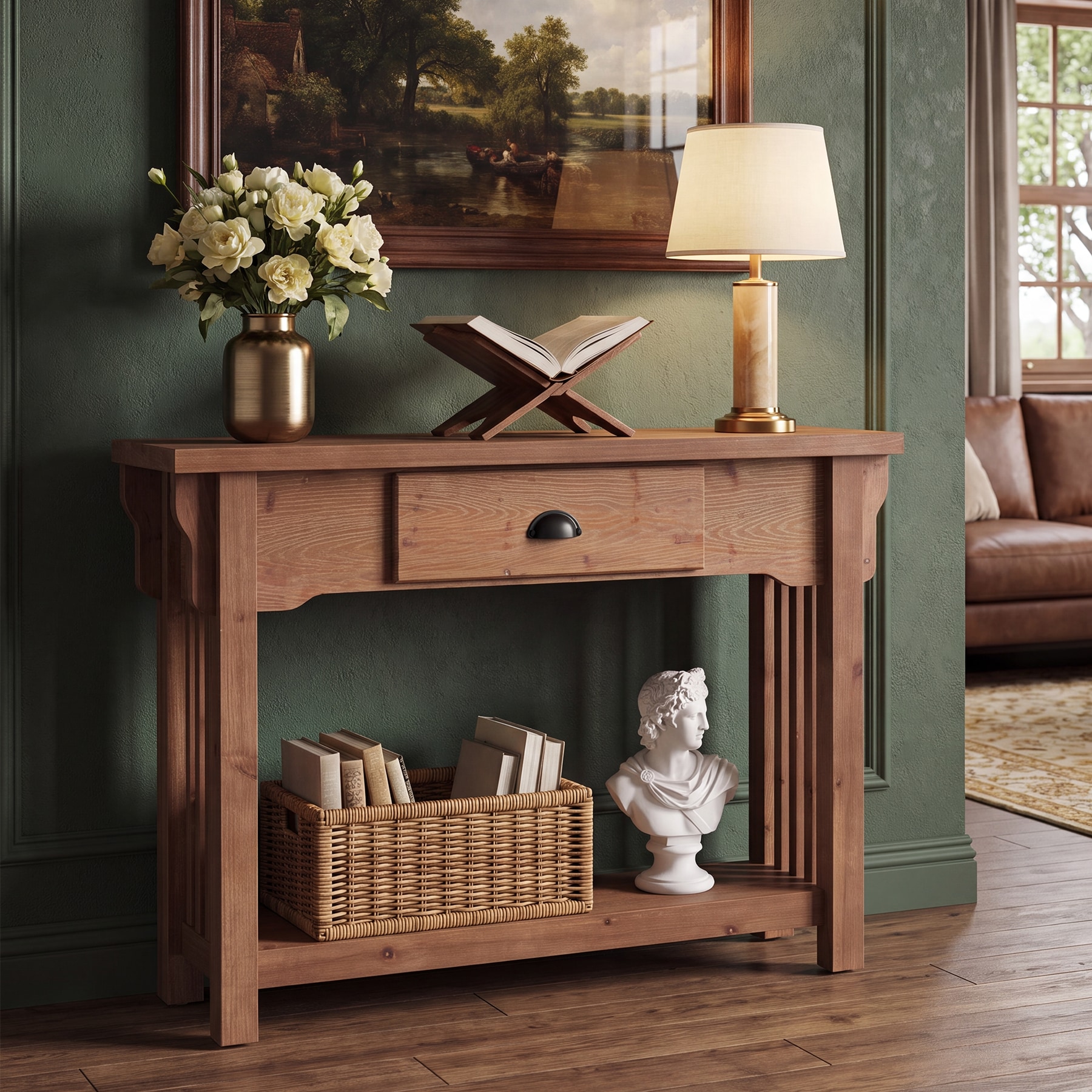 LITTLE TREE - 41.3-in W Farmhouse Rustic Brown Small Solid Wood Console Table with Drawer and Sto...