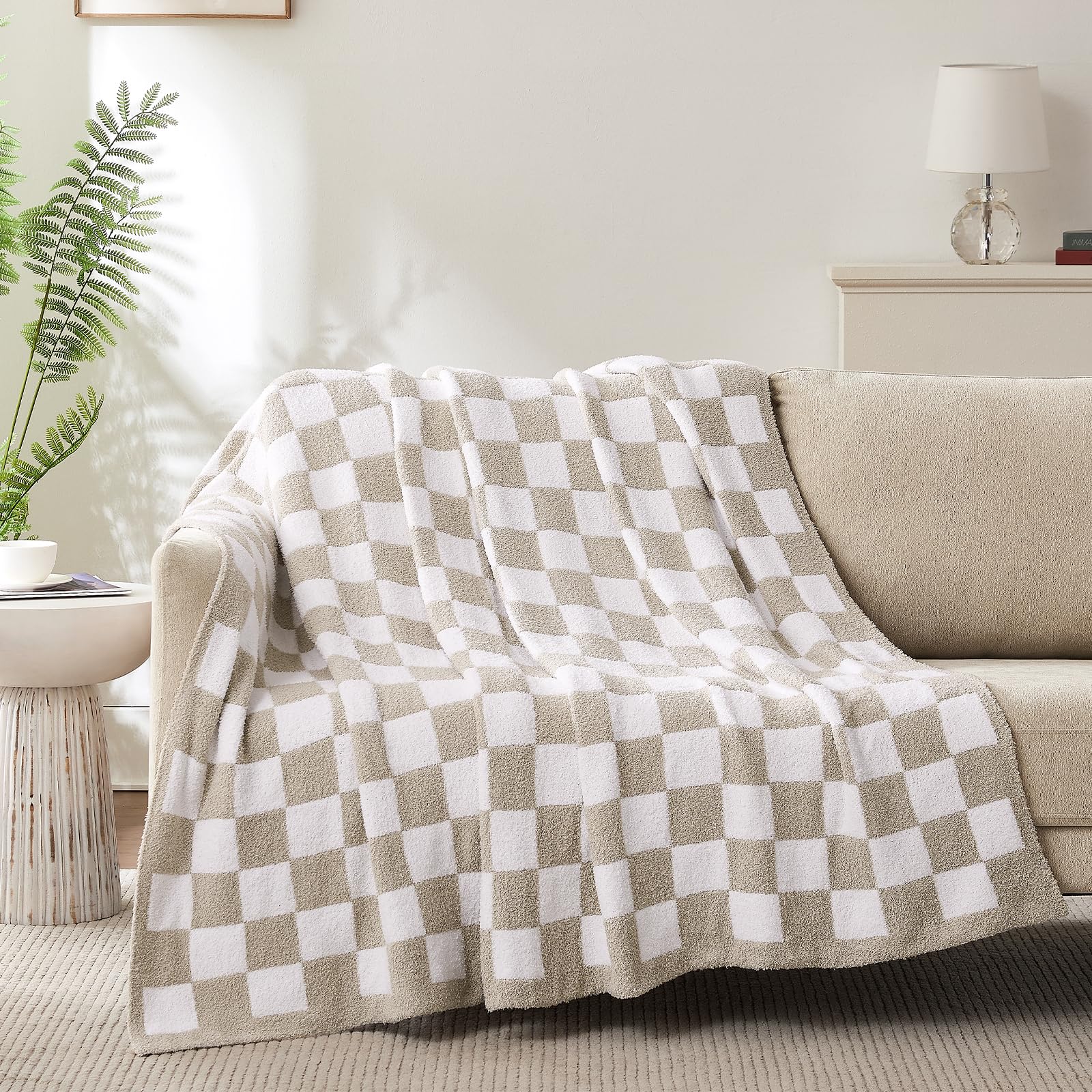 Yichuhaoxi  Checkered Throw Blanket Taupe Soft Cozy Fluffy Knitted Throw Blankets for Couch Sofa Bed Chair Warm Fuzzy Travel Picnic Lightweight