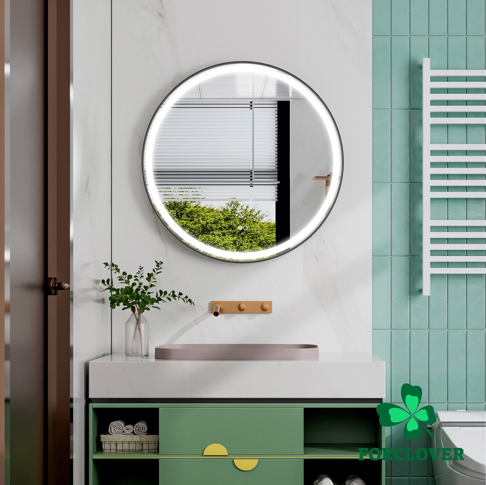 Forclover ALF-9W32R 32-Inches x 32-Inches Framed Round Dimmable Lighted Fog Free Bathroom Vanity Mirror ( Black Framed )