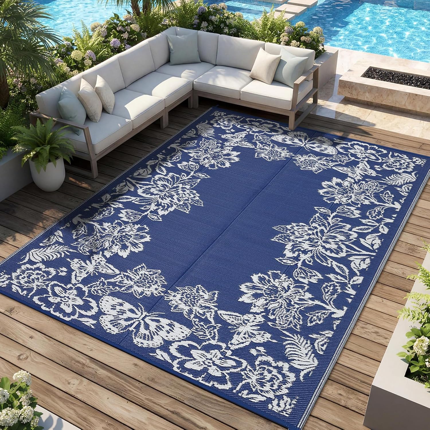 GarveeLife 9x18ft Dark Blue Floral Pattern Reversible Plastic Straw ...