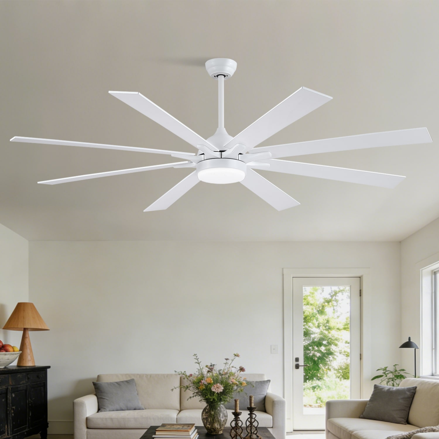 Gleam Flare 72 Inch White Large Ceiling Fan Light with 8 Plywood Blades Remote and APP Control for Indoor and Outdoor