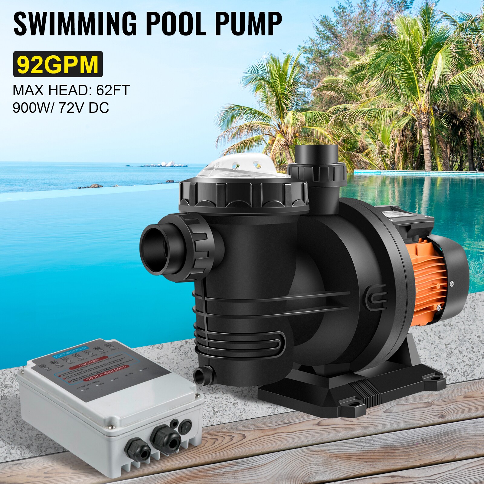 Happybuy Solar Swimming Pool Pump 900W 92gpm 72VDC Max Head 62ft MPPT Controller