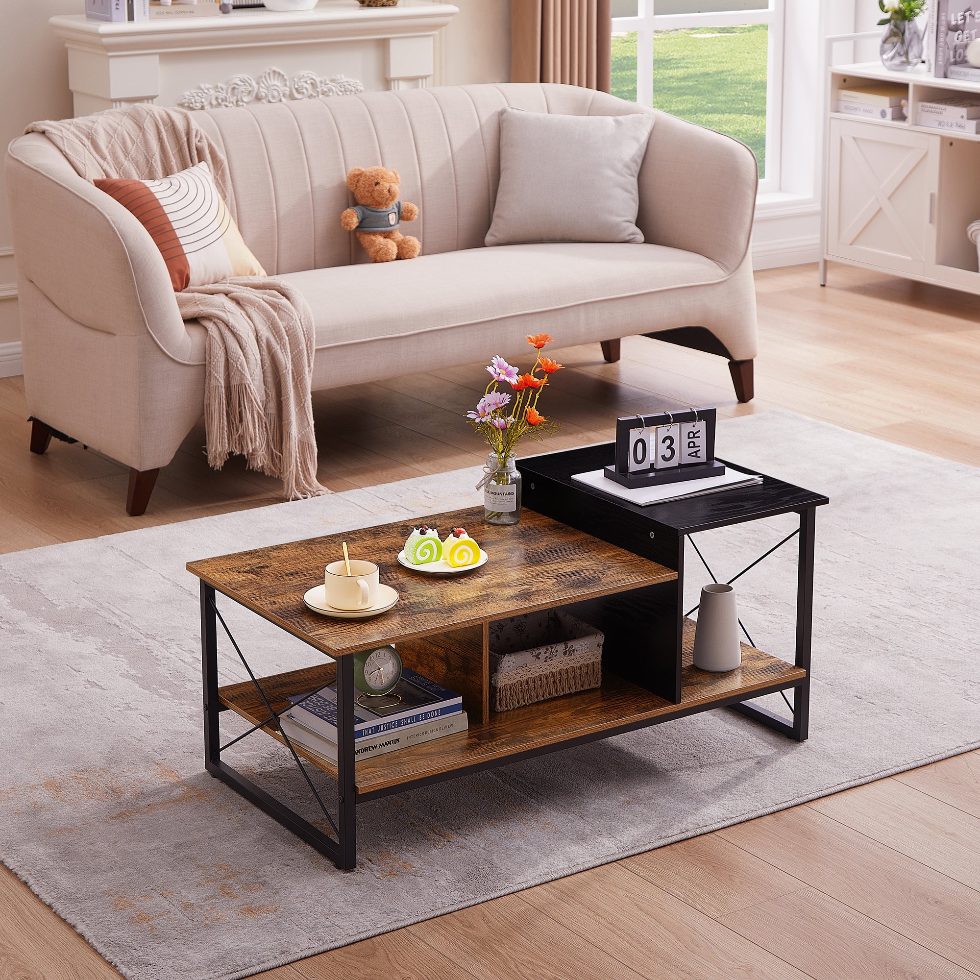 Vecelo LOE-COT08-BRN Wood 2 Tier Black Coffee Table with Storage Shelf for Living Room Office Reception