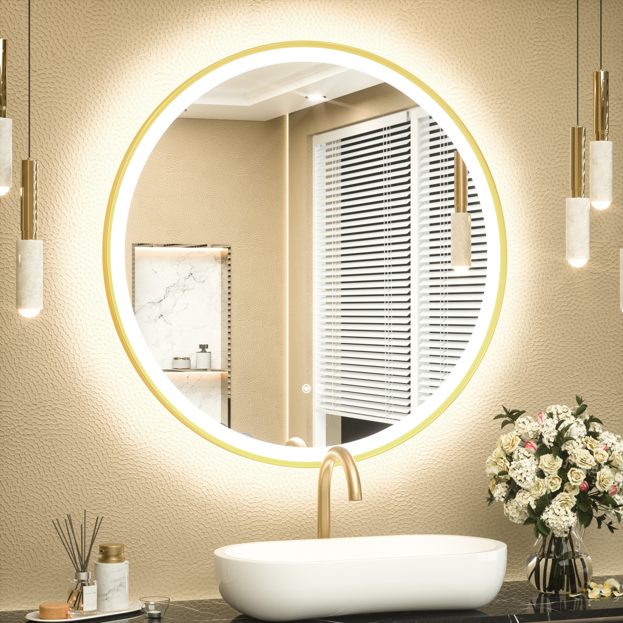 Keonjinn LW-JZ-JSKYD-R76-GD 30-in x 30-in Framed Oval Dimmable LED Lighted Fog Free Bathroom Vanity Mirror ( Gold )