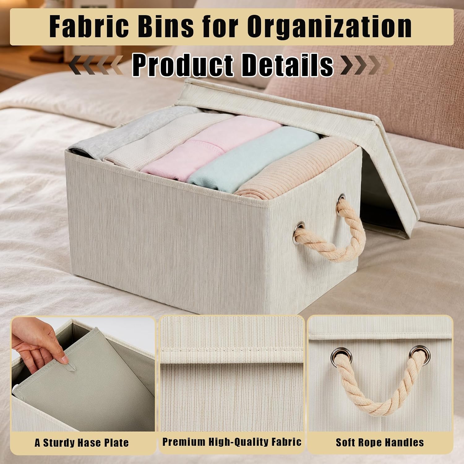 GAOMON 3 Pack Foldable Fabric Storage Boxes with Rope Handle and Lid ...