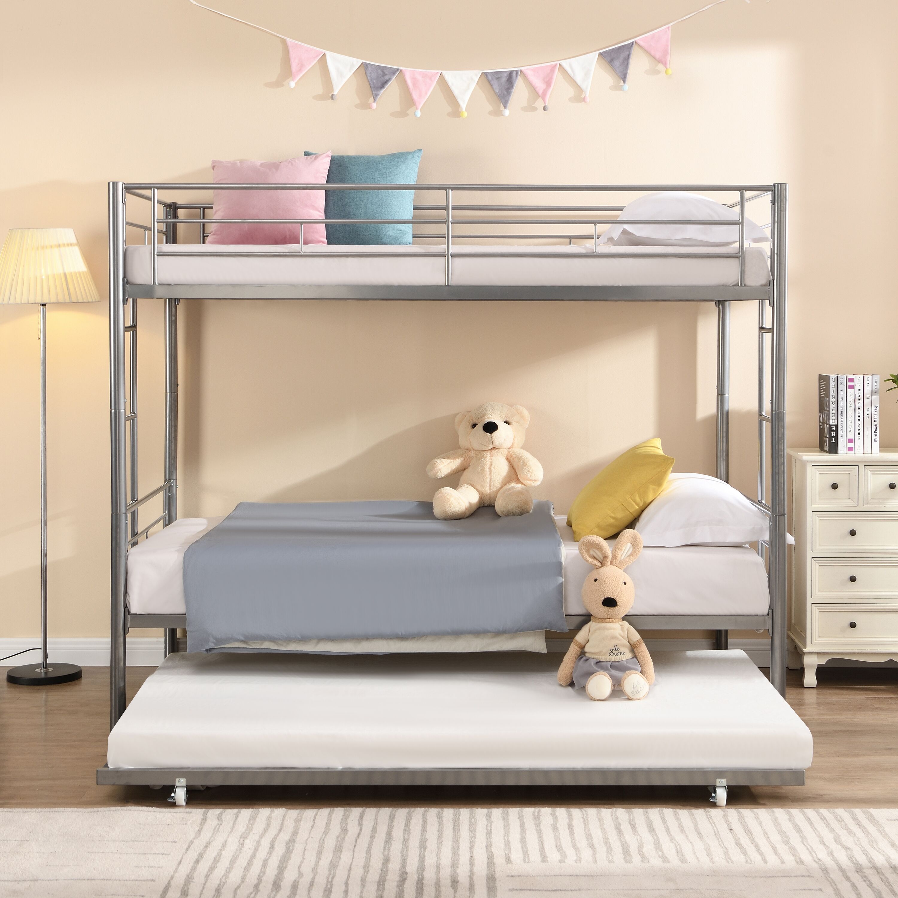 LOVMOR SF-M-W311120501 METAL BUNK BED WITH TRUNDLE SILVER