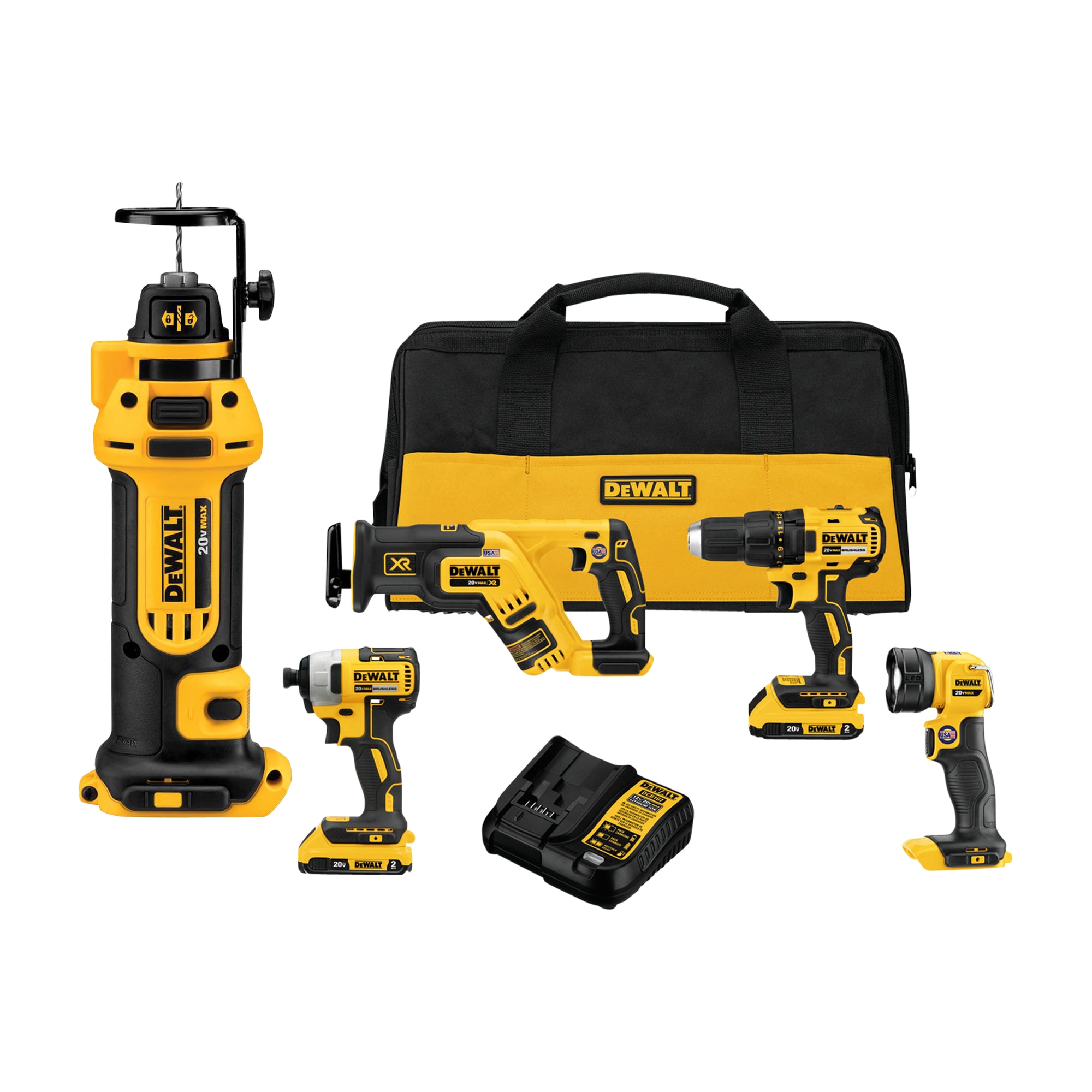 DEWALT 1-Speed Cordless 20-Volt Max Cutting Rotary Tool & 4-Tool 20-Volt Max Brushless Power Tool Combo Kit with Soft Case 2-Batteries and charger