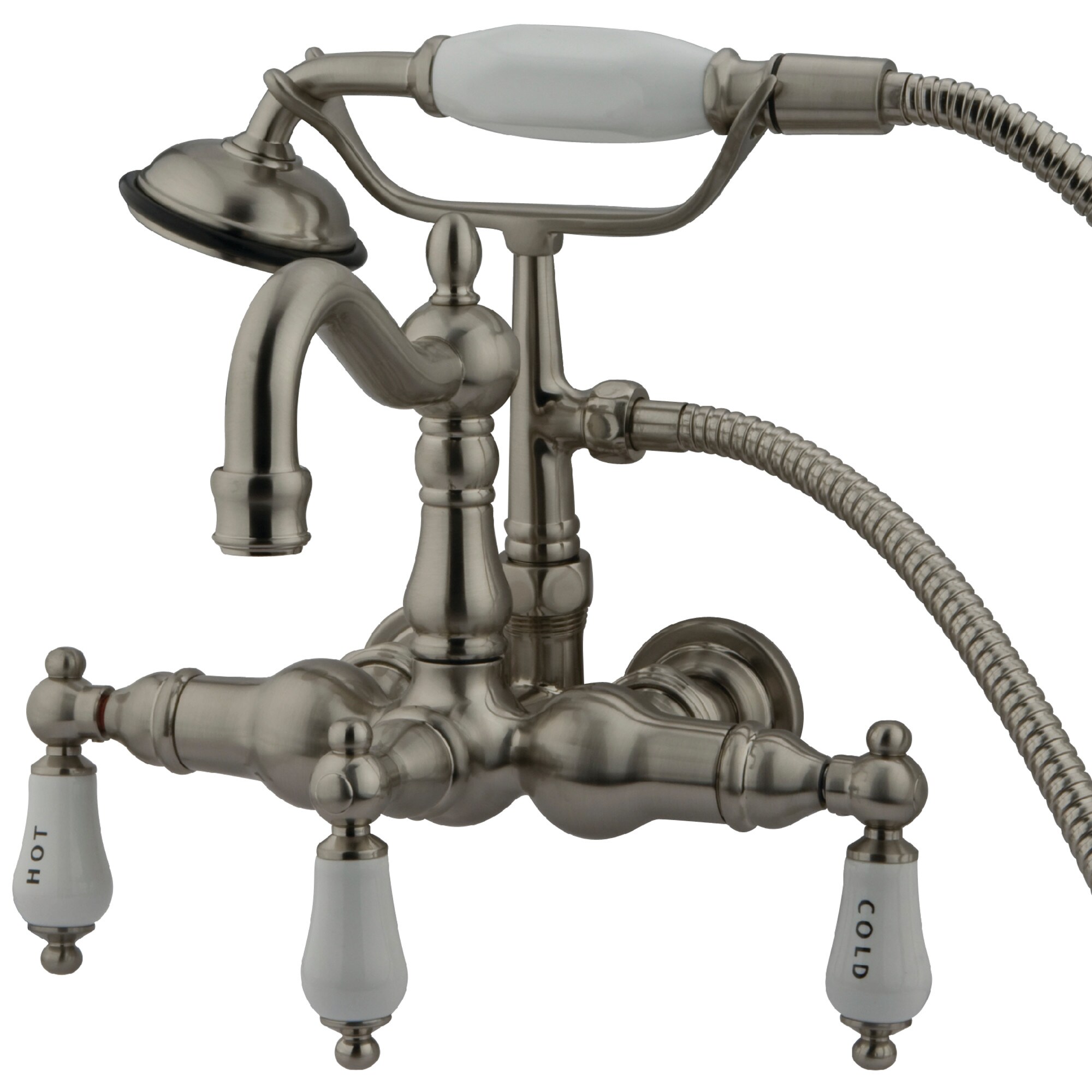 Kingston Brass WLCC1009T8 Vintage Brushed nickel 3-handle Wall-mount High-arc Bathtub Faucet with Hand Shower ( Valve Included )