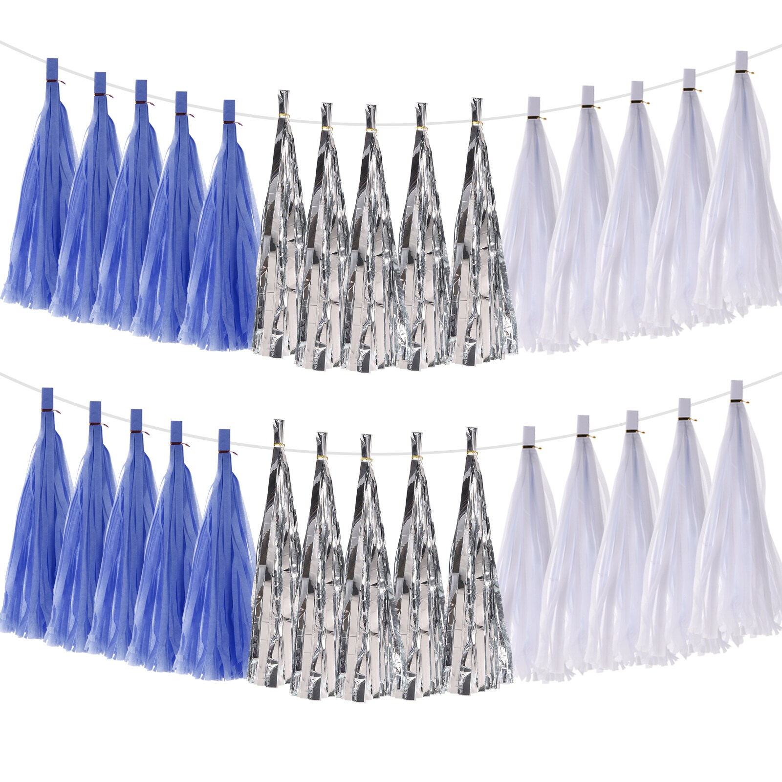 Unique Bargains S25072801UX1467 30Pcs Dark BlueWhiteSilver Tassel Garland Banner with Rope Tissue Paper Tassels Party DIY Kits for Anniversary Wedding Birthday Party