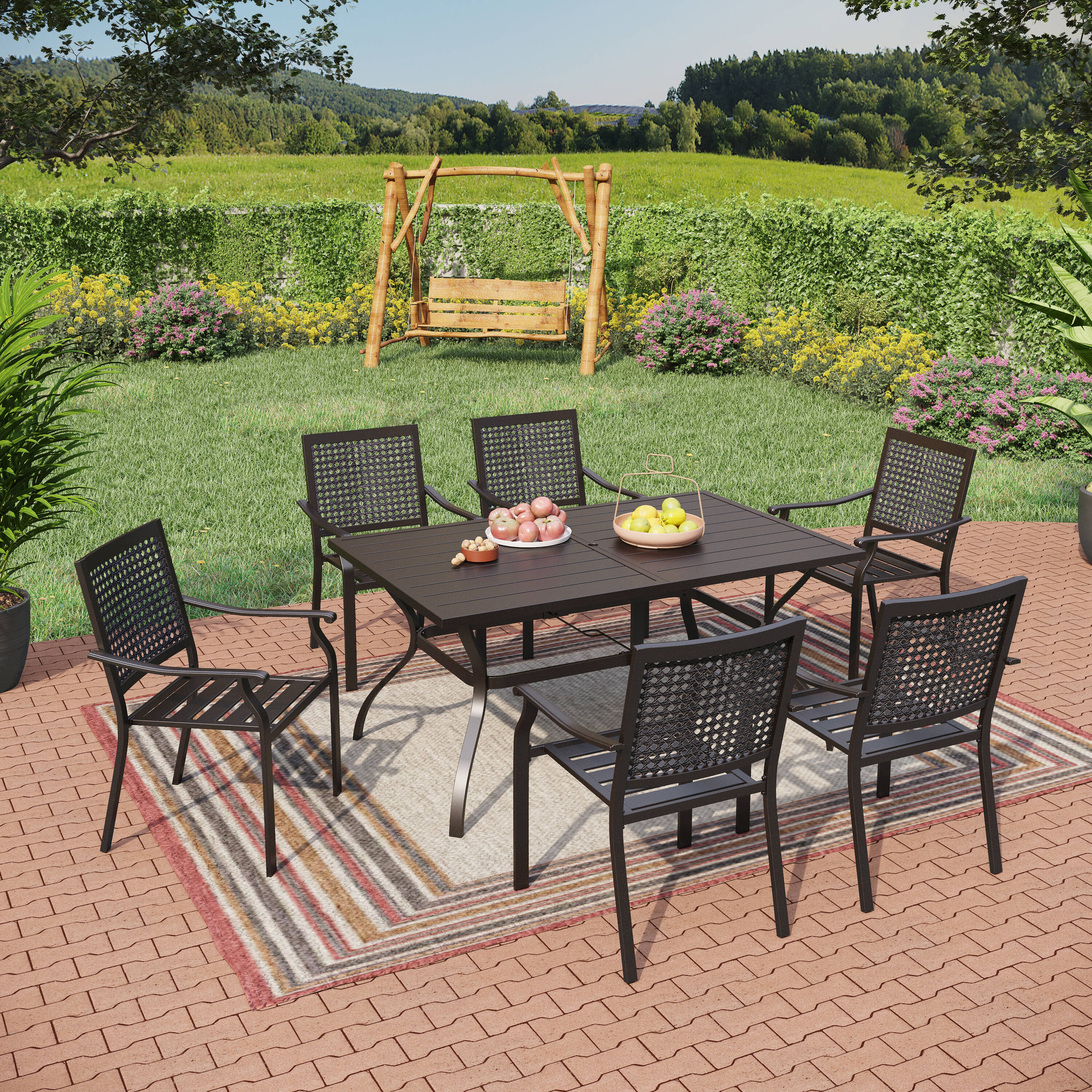 Sunshine Valley TC7-135-103 FREMANTLE 7 -Piece Black Patio Dining Set Steel Rectangle Table with 6 Stackable Stationary Chairs