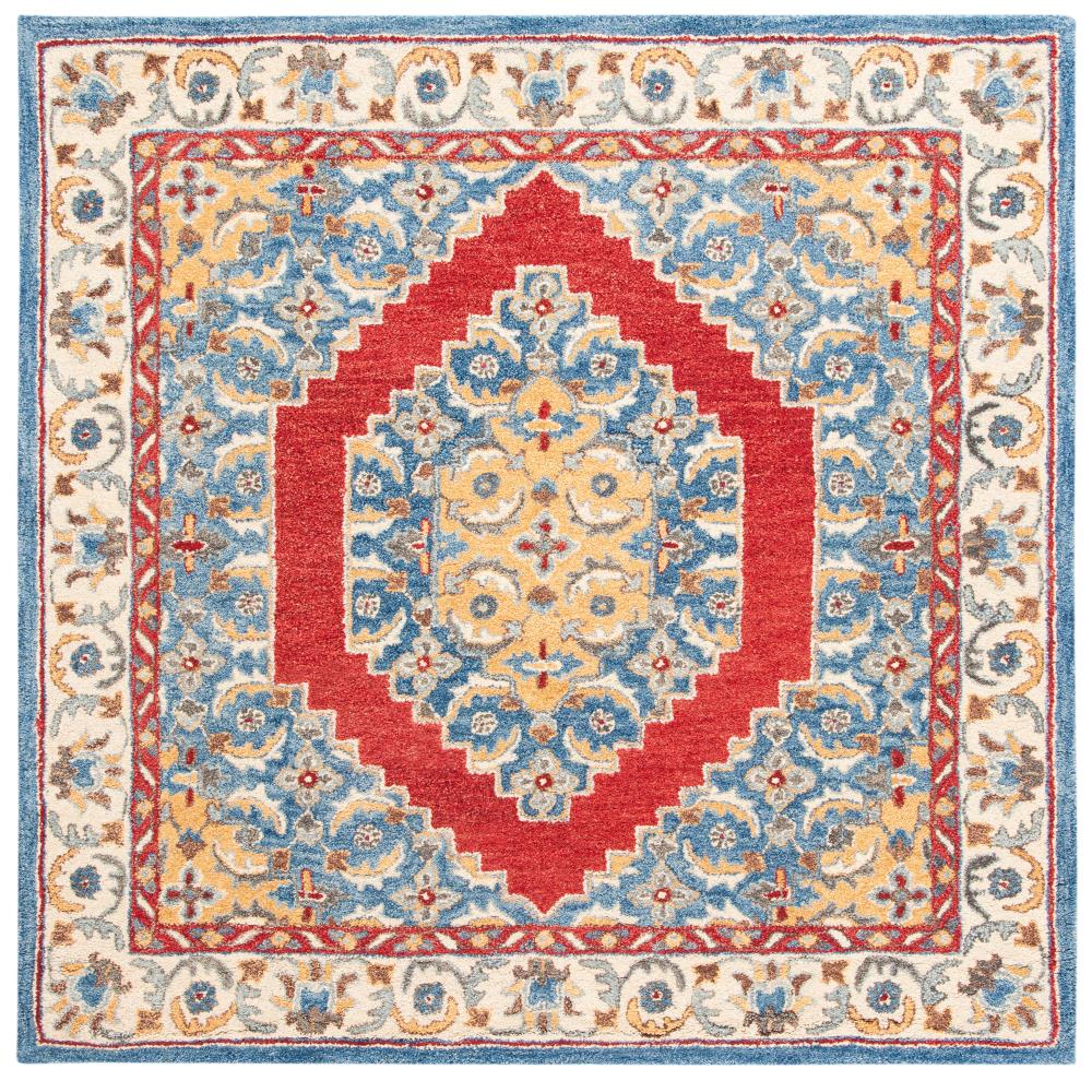 Heirloom Blue and Red Square Tufted Wool Rug 6' x 6'