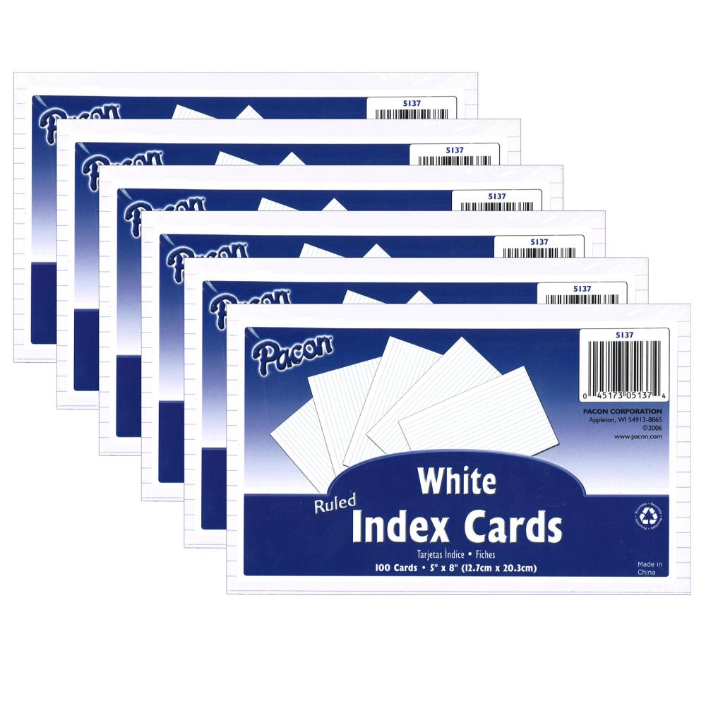 Pacon PAC5137-6 Index Cards, White, Ruled, 0.25 -in Ruled 5 -in x 8 -in, 100 Cards Per Pack, 6 Packs