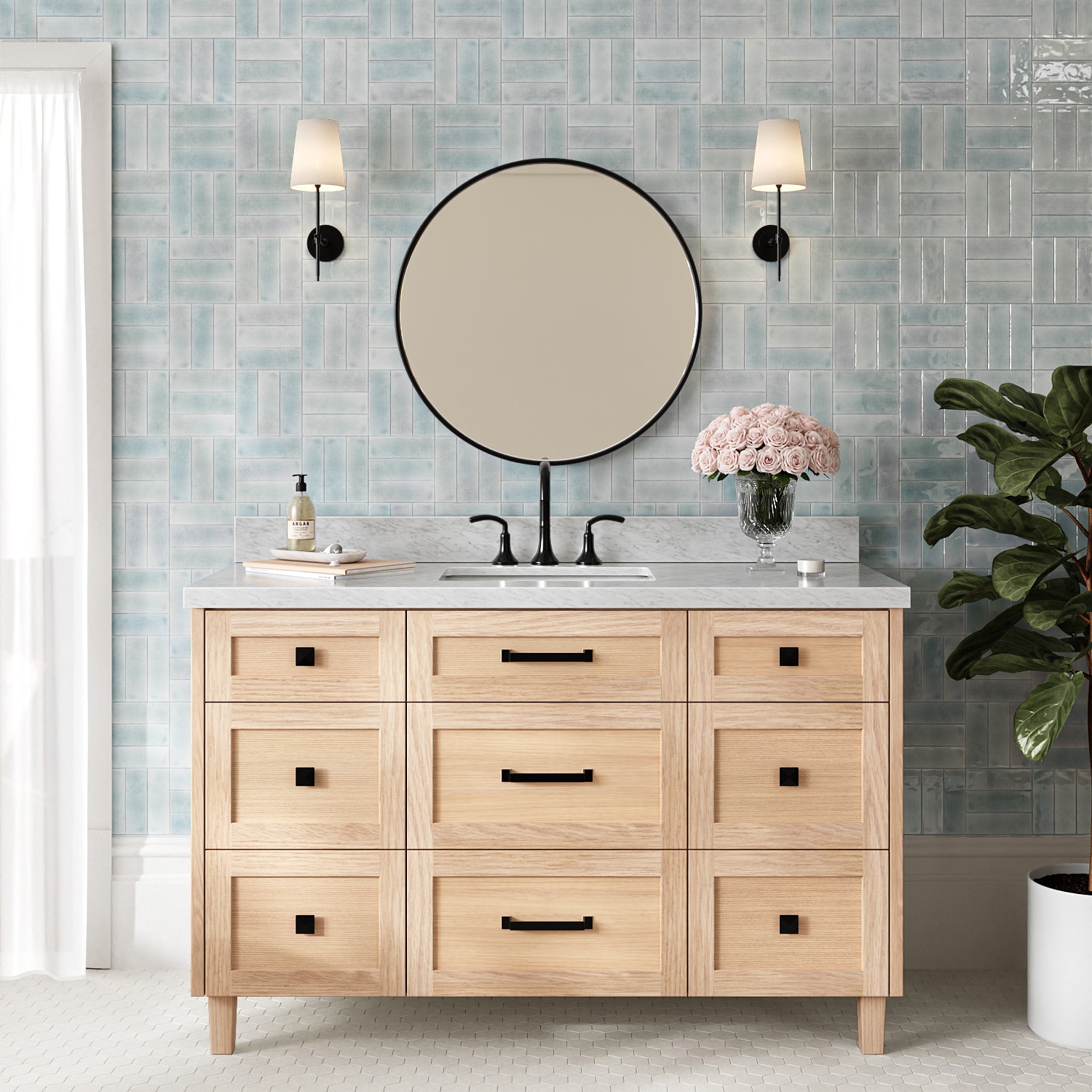 ARIEL - Monroe 54-in Oak Undermount Single Sink Bathroom Vanity with Carrara White Marble Marble Top