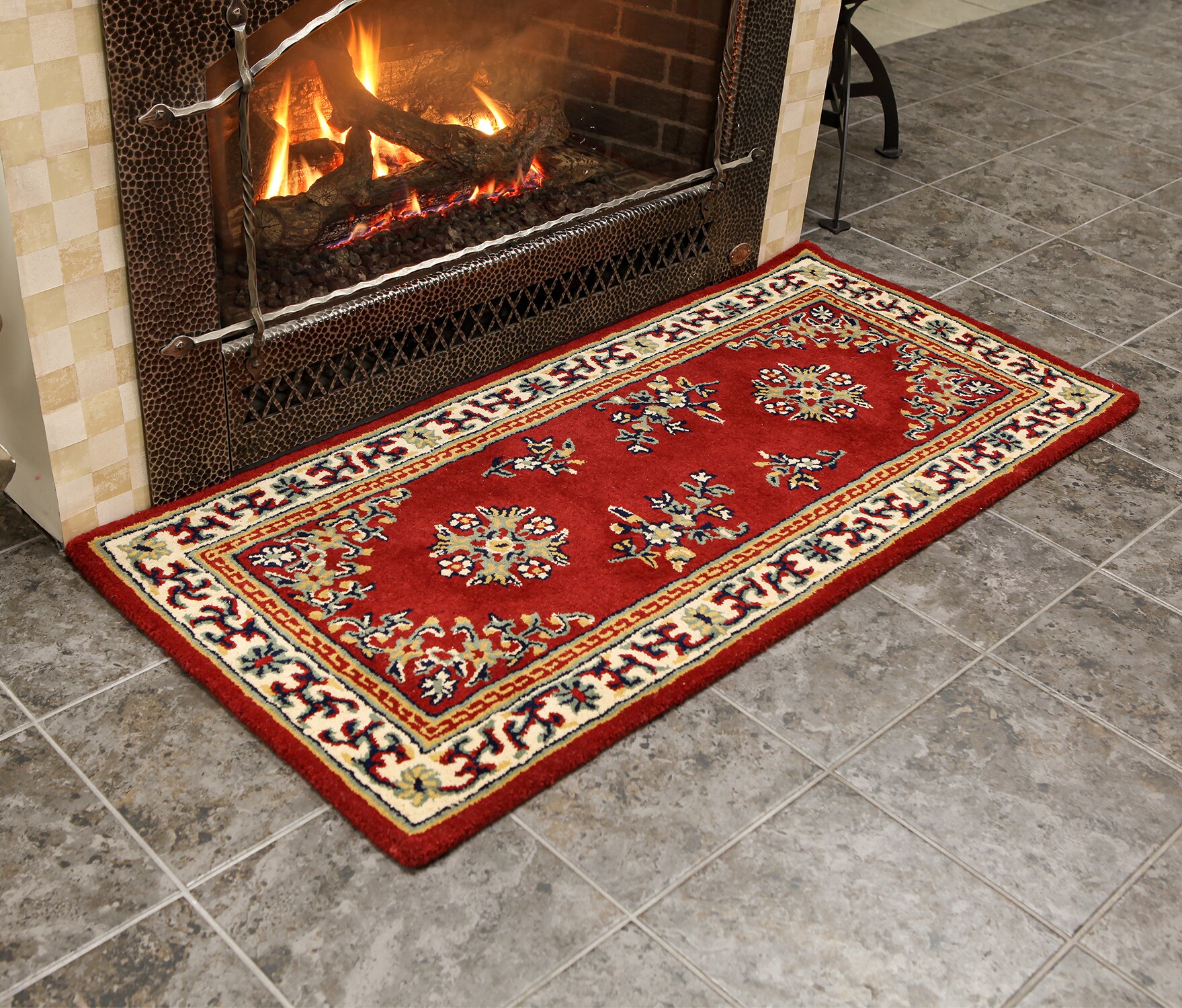 Elegant Burgundy Oriental Hearth Rug in Handmade Wool, 56"x26"