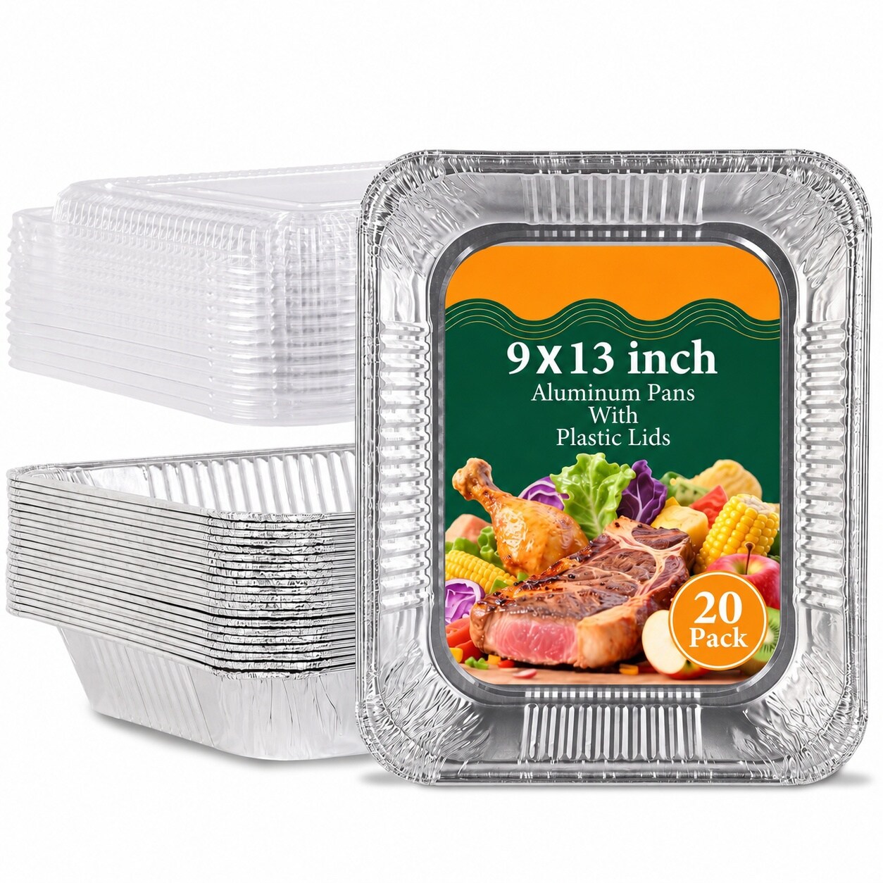 JVFCXXV  LS Brand 9x13 Inch Disposable Aluminum Foil Pans with Clear Lids 20 Pack Half Size Food Containers for Baking Cooking Roasting