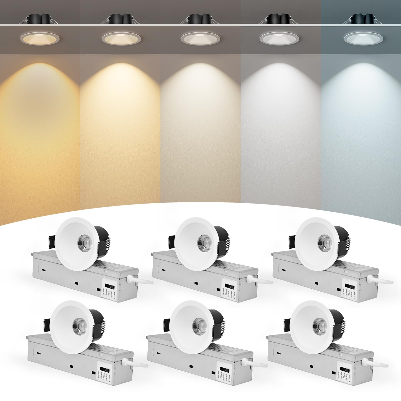 Ahfiwaso  2 Inch Recessed LED Lights Anti-Glare COB Canless Ceiling Spotlight 5CCT Selectable 2700K to 6000K 130 Lumens Per Watt RA95 Small
