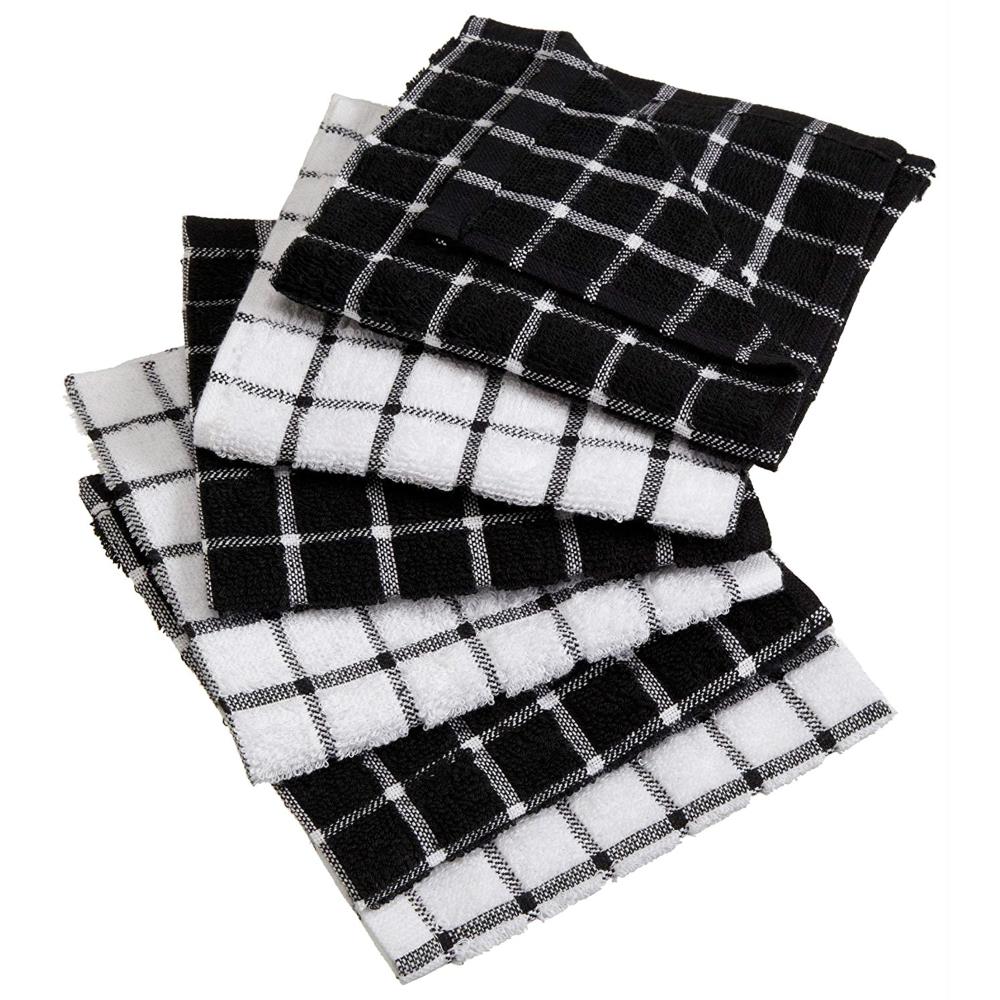 6 WAFFLE Weave Cotton Blend Black Plaid Dish Cloths Rags Kitchen Towels  12x12