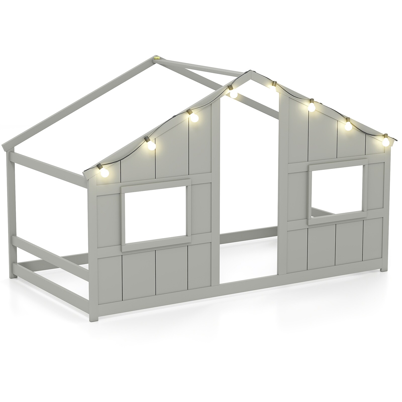 Slickblue House Toddler Bed Twin Floor Bed Frame with LED Lights Roof Frame and Open Design White/Gray/Natural