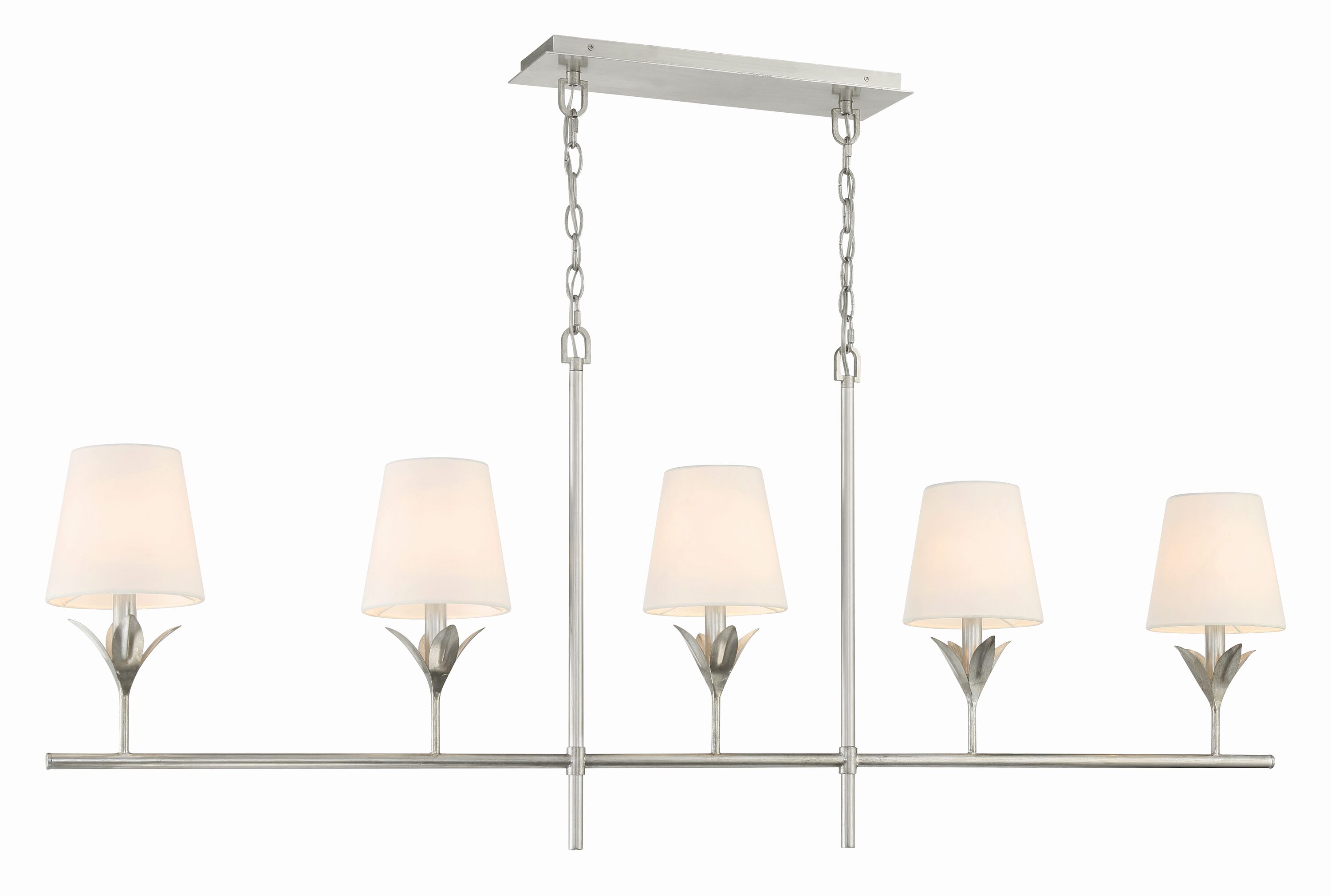 Antique Silver 5-Light Chandelier with White Silk Shades