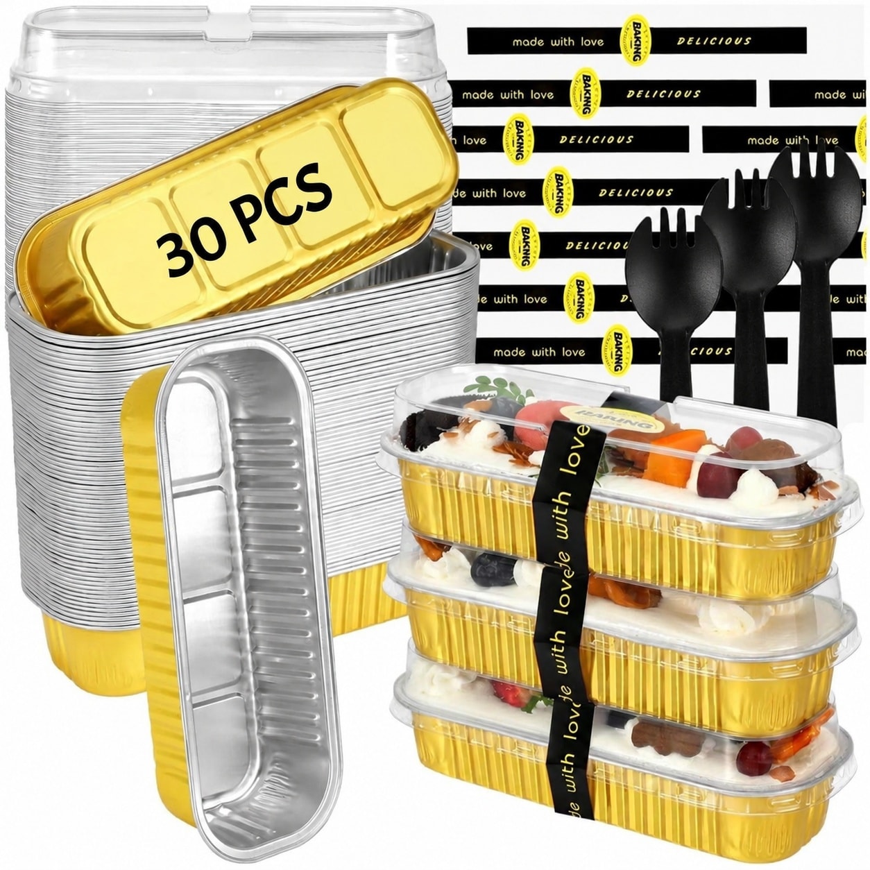 Vrbgify  Mini Loaf Pans with Lids Spoons and Sealing Stickers 30 pcs 6 point 8 oz Gold Aluminum Foil Disposable Cake Pans for Baking Bread