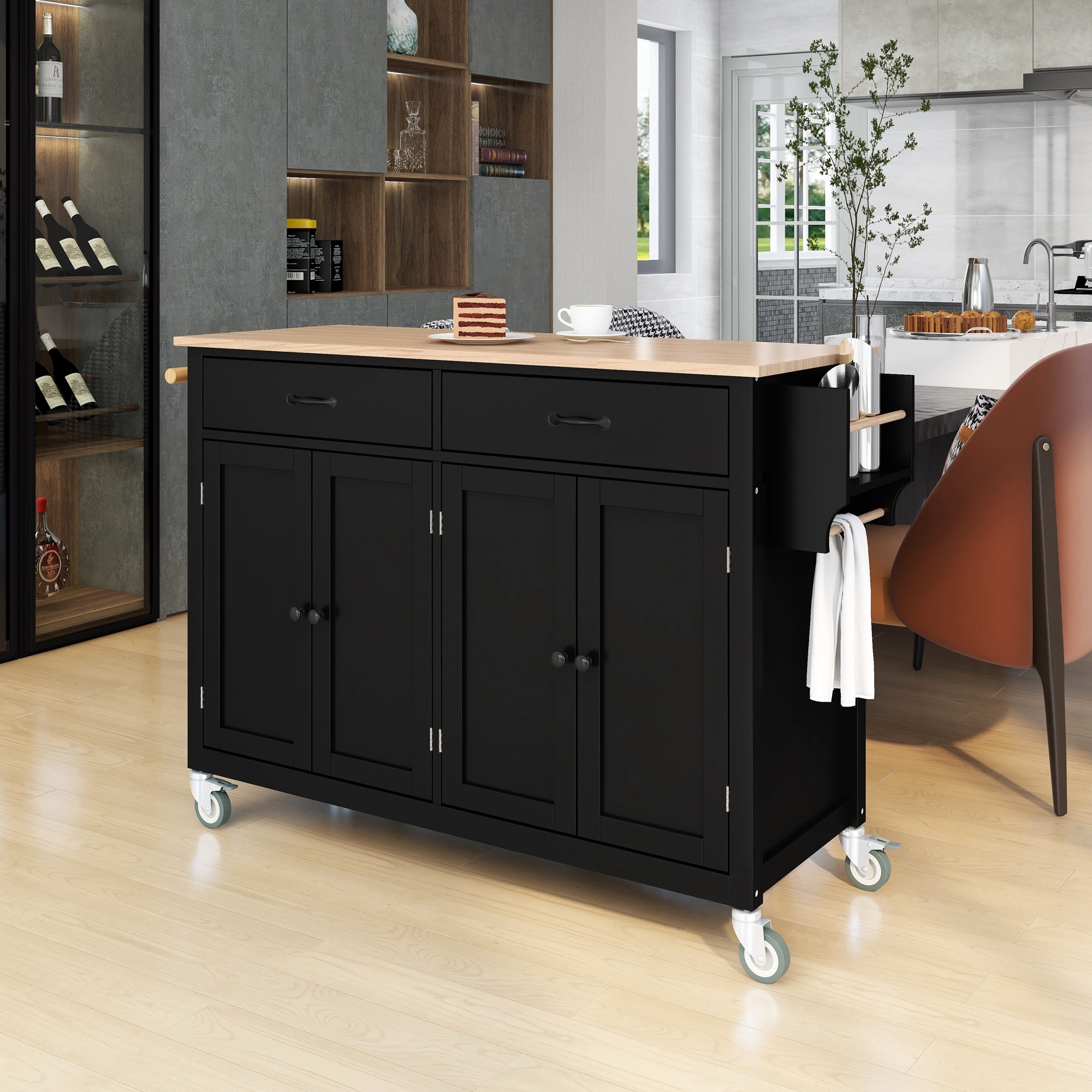 Qualler 54.3 Inch Kitchen Island Cart with Solid Wood Top, Locking Wheels, 4 Doors, 2 Drawers, Spice and Towel Rack