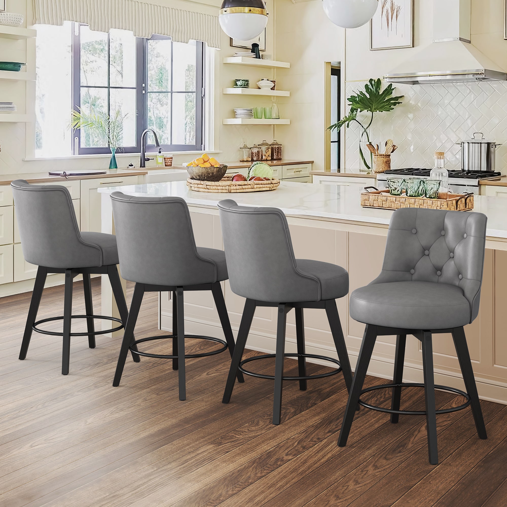 LUE BONA Set of 4 Dark Grey 26 in H Counter height Upholstered Swivel Wood Bar Stool Back in the Bar Stools department at Lowes