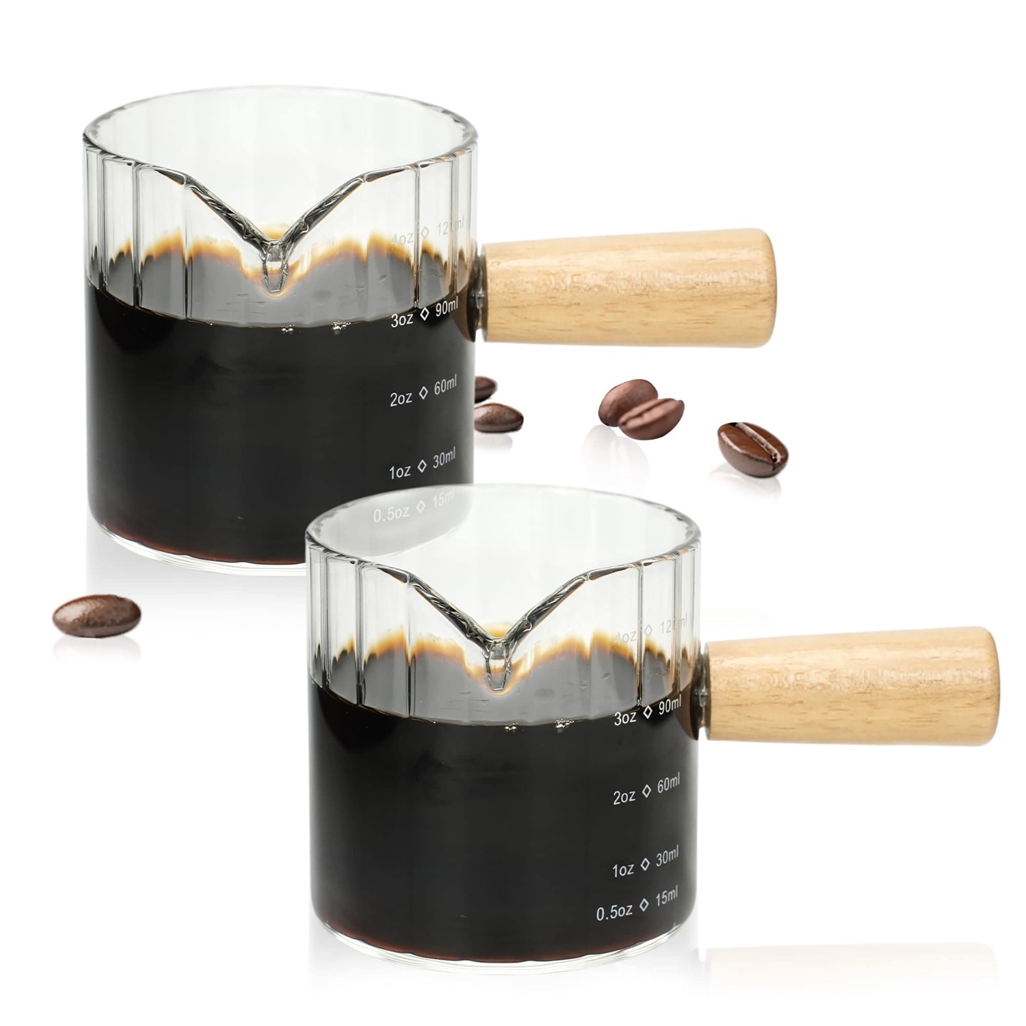 Aoibox  Espresso Shot Glass Set of 2 V Shaped Spout Ribbed Borosilicate Glass Milk Frothing Pitcher Measuring