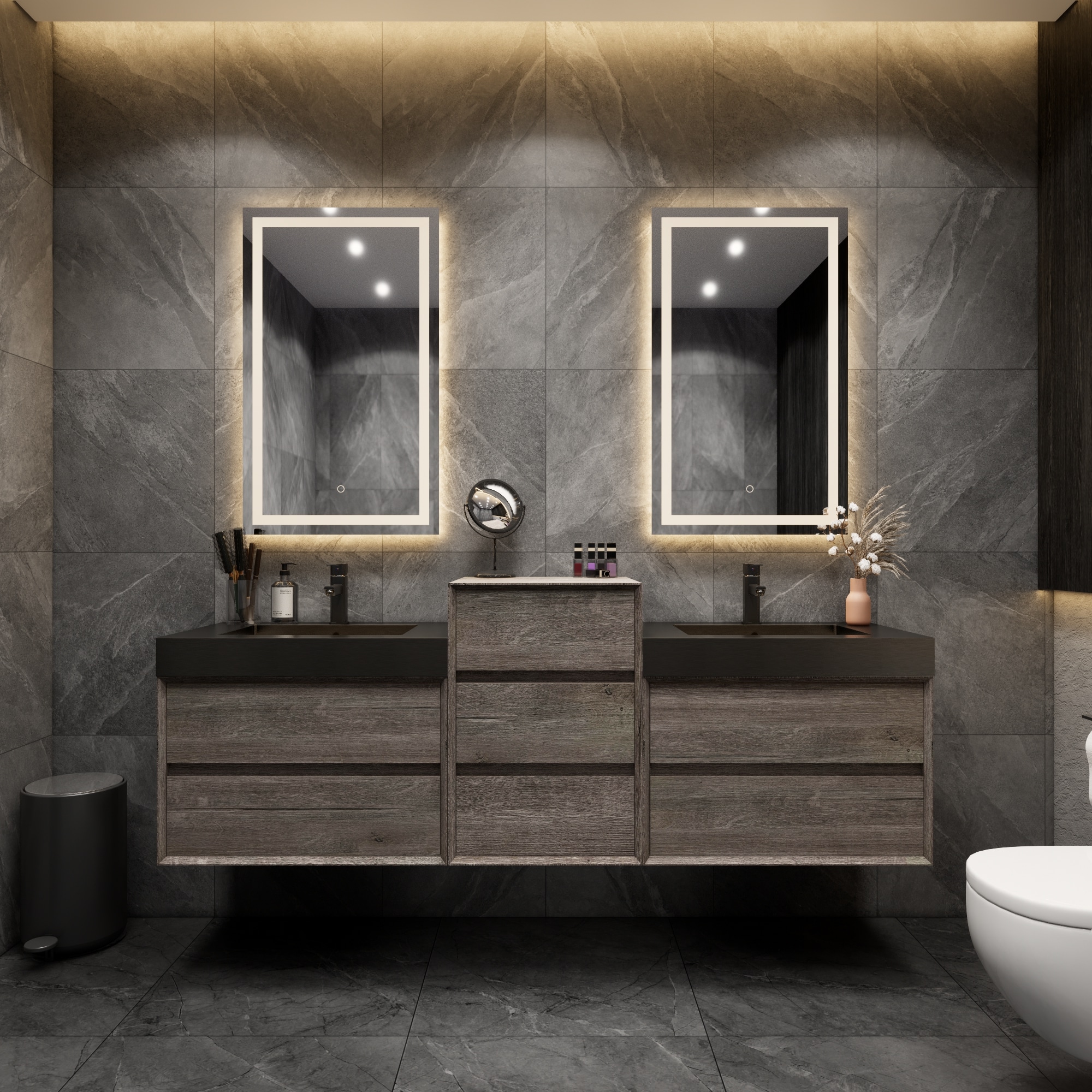 BV Better Vanity MIA30X2+20D-HW MIA 80-in Gray Oak Double Sink Floating Bathroom Vanity with Black Stainless Steel Top (Fully Assembled)