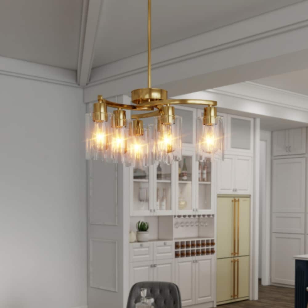 Rainlex 6 Light Gold Chandelier Clear Glass Shade Height Adjustable Sloped Ceiling Adaptable Pendant Light for Dining Room Kitchen Island Living Room Stairwell Entryway Bedroom