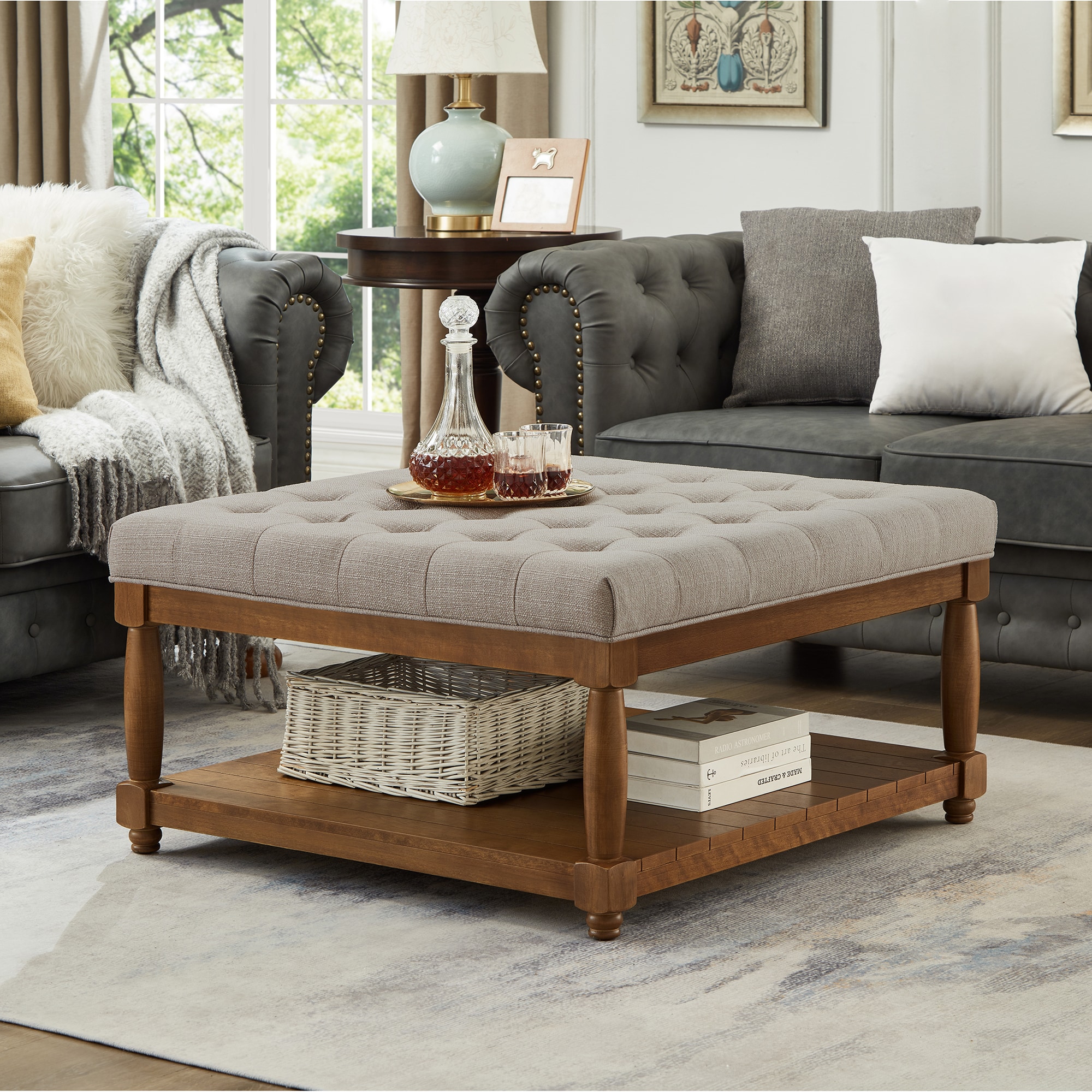 KTMBDW - Large Square Upholstered Tufted Linen Ottoman Coffee Table - Retro Style Footrest Ottoma...