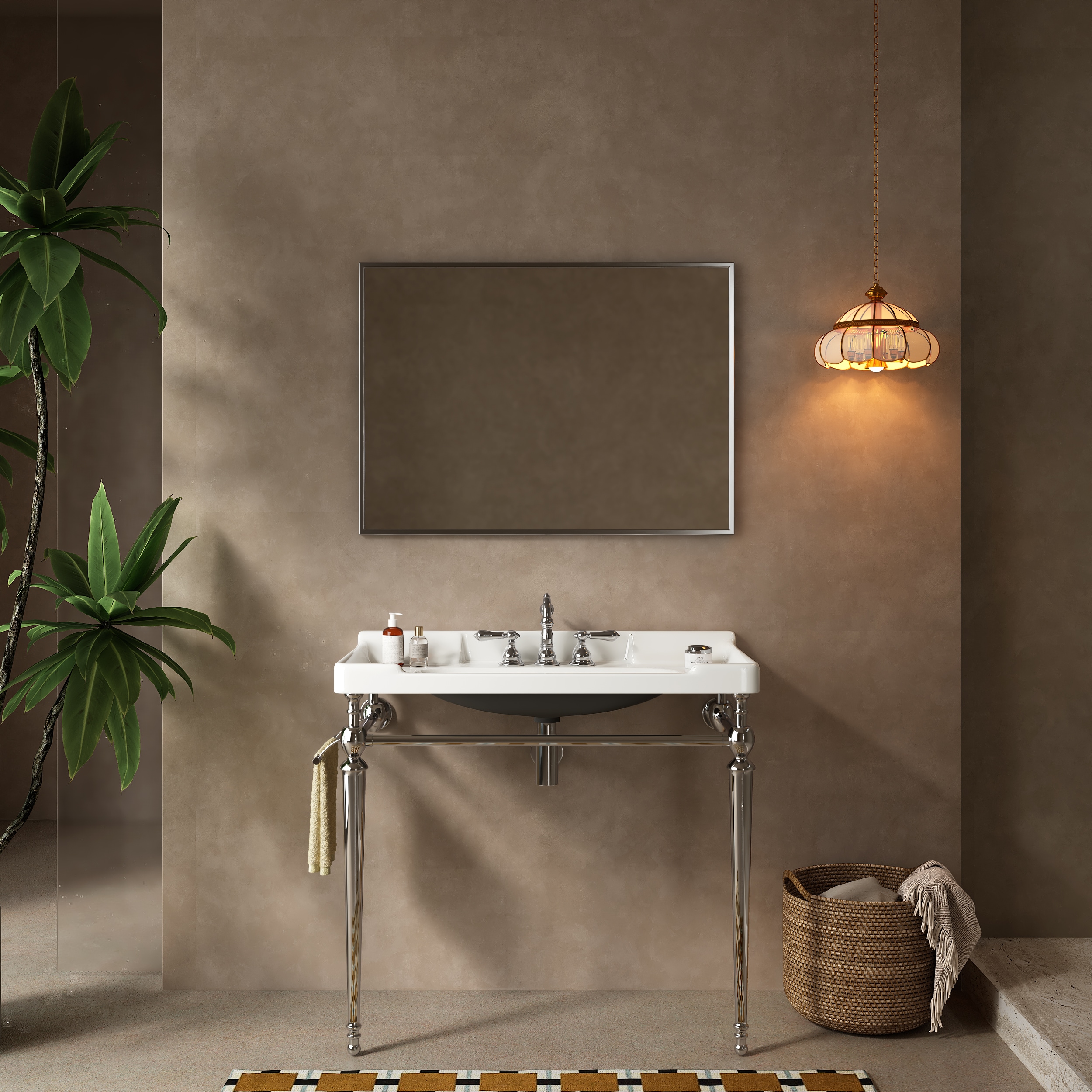 Tinyhomie VICI 36 Bathroom Console Sink Wall Mounted White Ceramic Vanity Basin With 3 Pre drilled Faucet Holes Freestanding Stainless Steel Support Legs With Towel Bar No Faucet Sink Cover Chrome Color